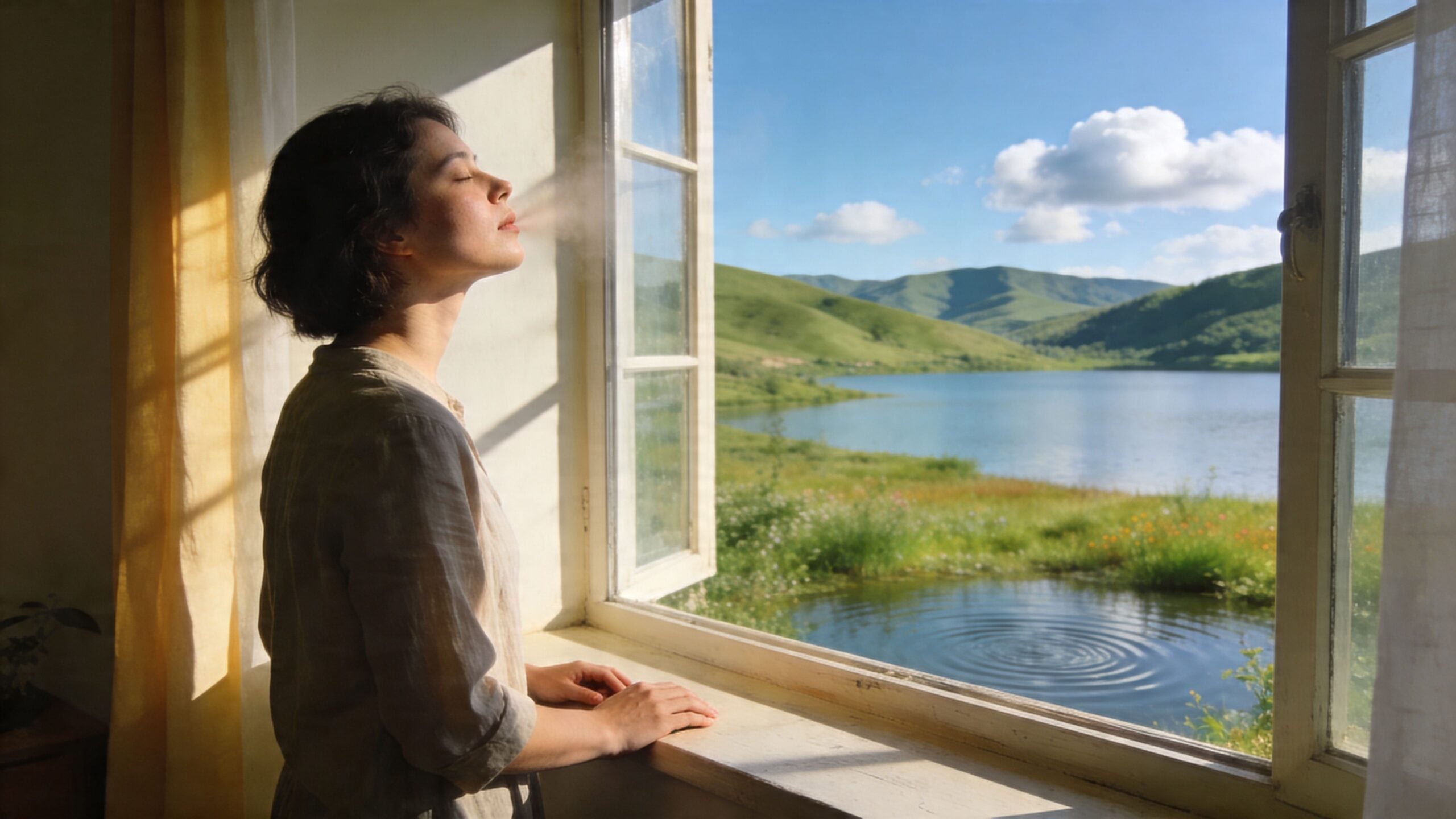 A young woman stands by an open window overlooking a serene lake and rolling green hills.