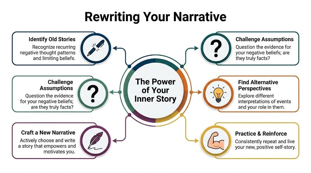 A diagram titled Rewriting Your Narrative illustrating steps to transform negative thought patterns and limiting beliefs.