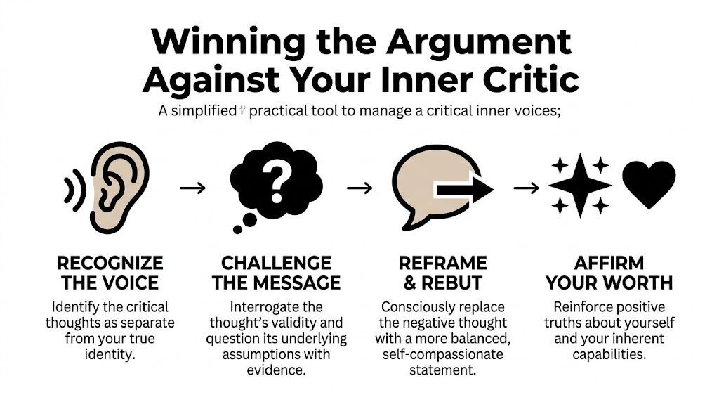 A diagram outlining a four-step process for managing and overcoming a negative inner critic voice.