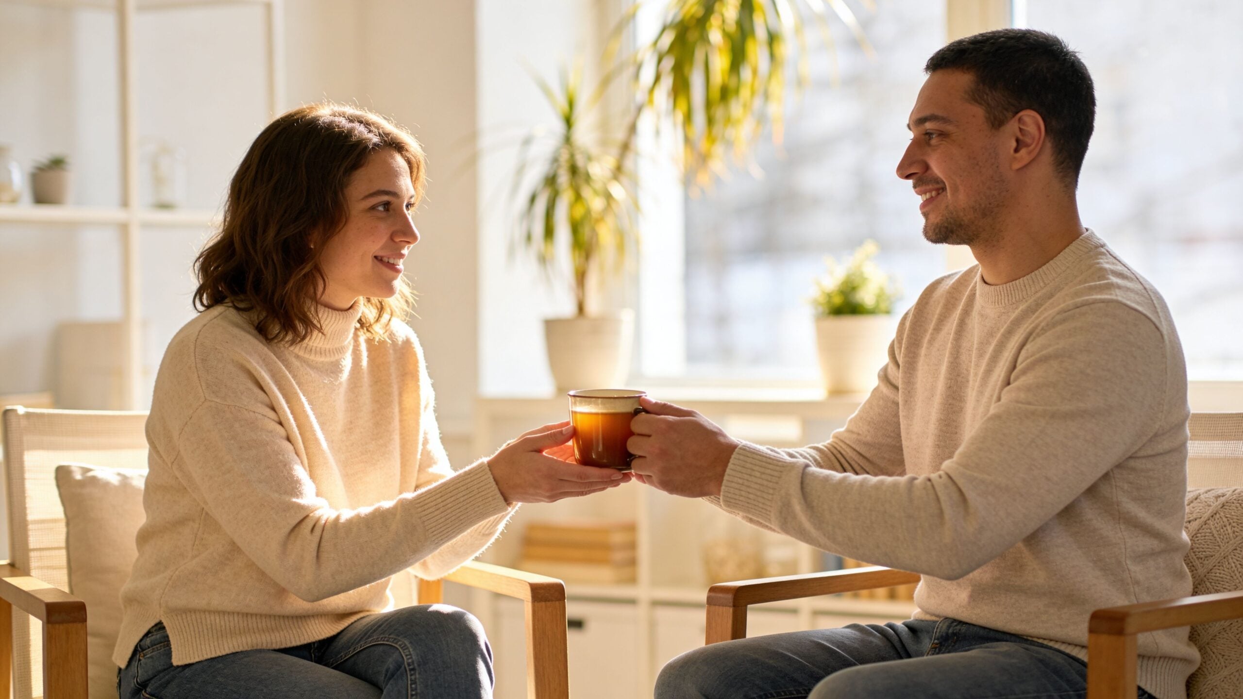 A young couple sitting in chairs at home while smiling and sharing a warm cup of coffee.