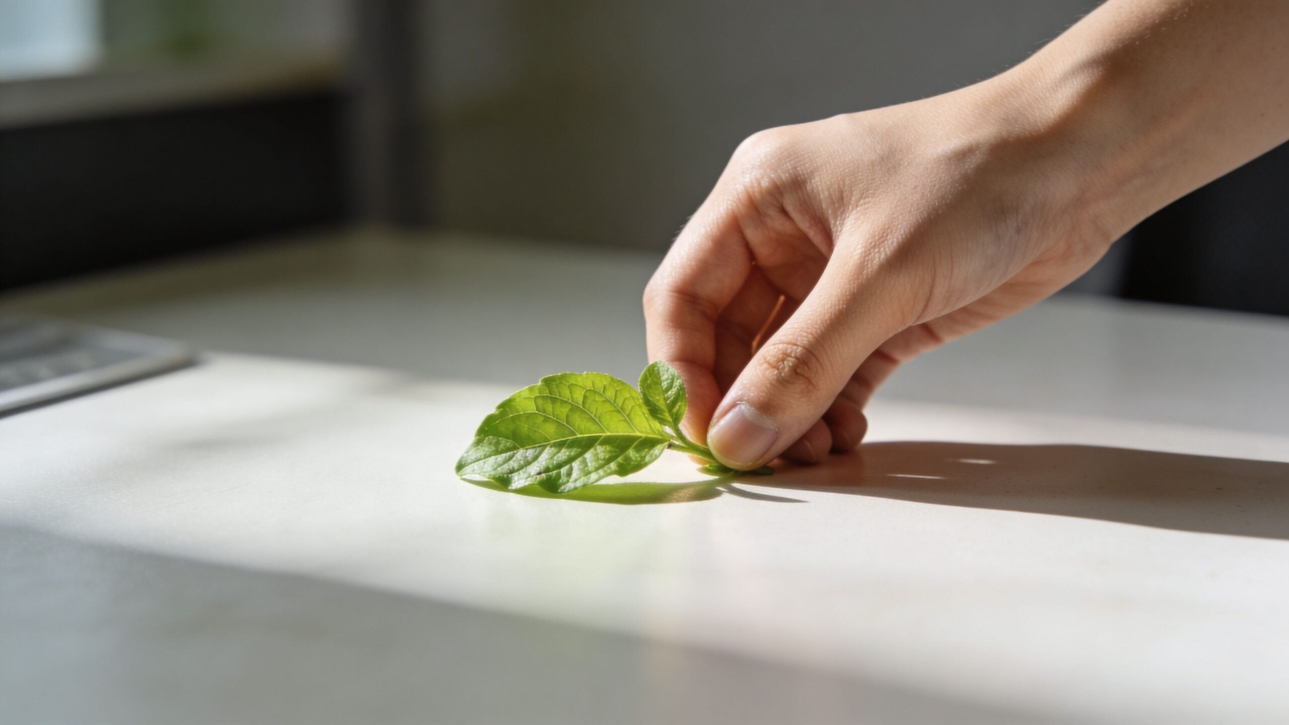 A hand gently touching a small green leaf on a bright, minimalist white desk surface.