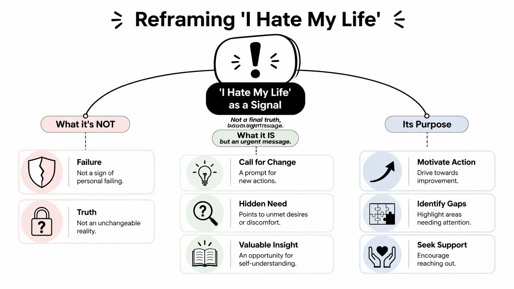 An infographic titled Reframing I Hate My Life explaining how to view this thought as an actionable signal.