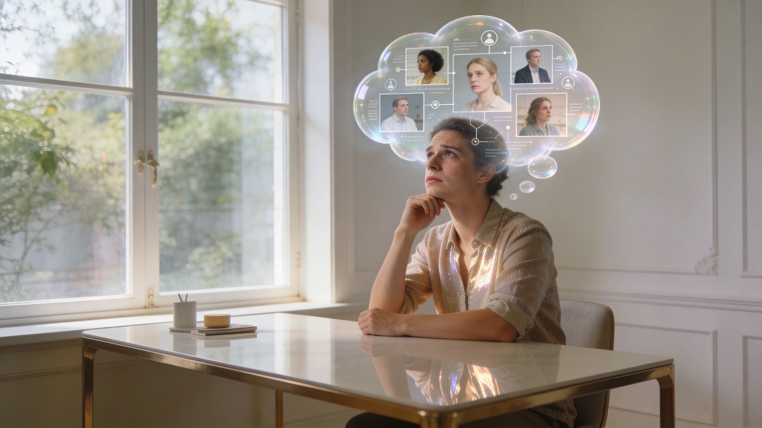 A person sitting at a desk with a holographic thought bubble representing digital connection and remote work meetings.