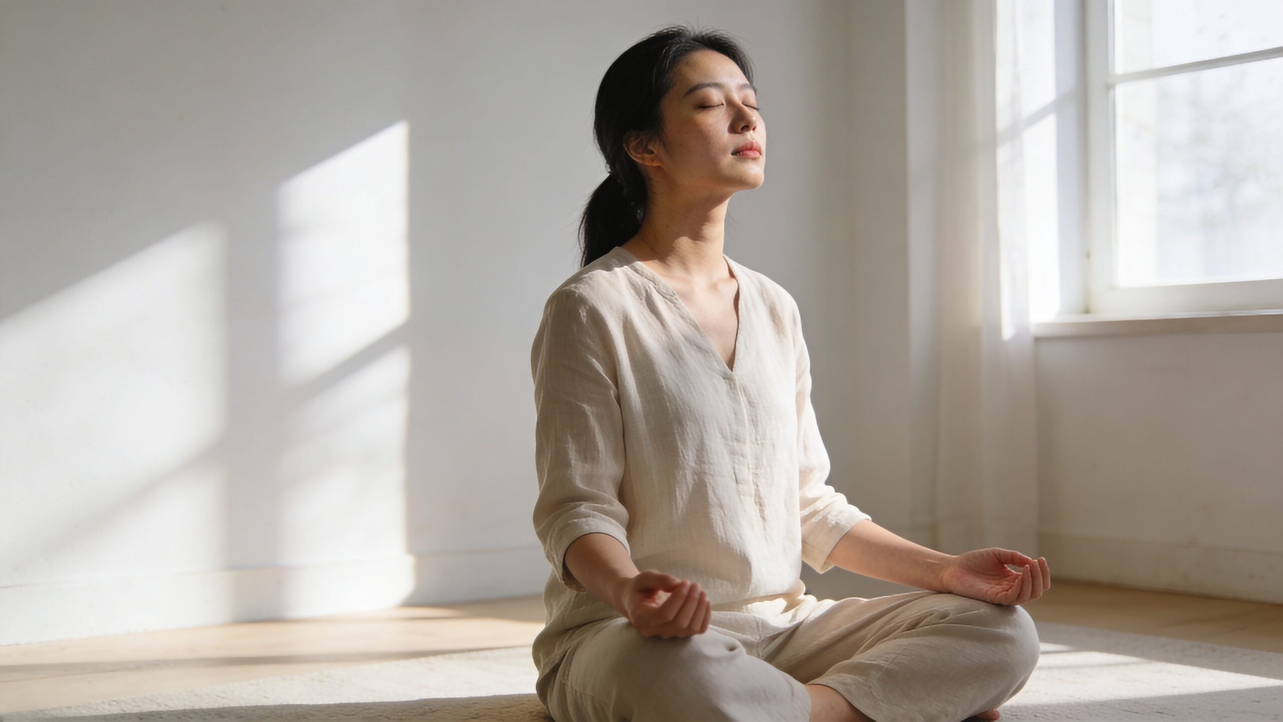 A serene young woman with eyes closed, meditating in a peaceful, sunlit room while sitting cross-legged.