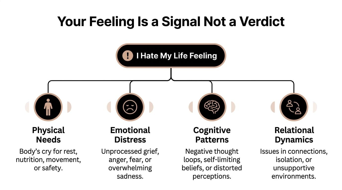 A diagram explaining that the feeling of hating life is a signal, categorized by physical, emotional, cognitive, and relational factors.