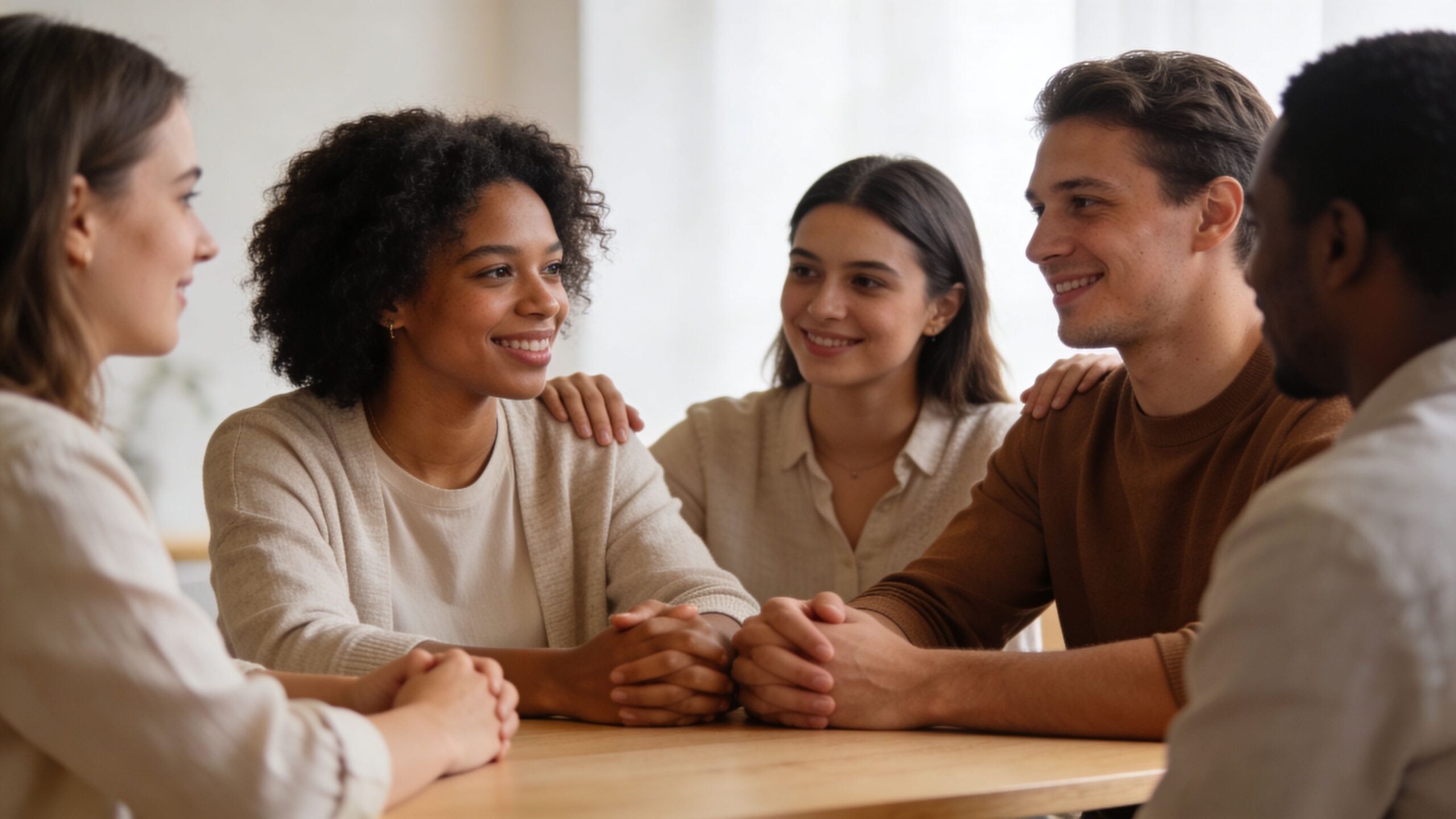 A diverse group of friends smiling and sitting together at a wooden table during a conversation.