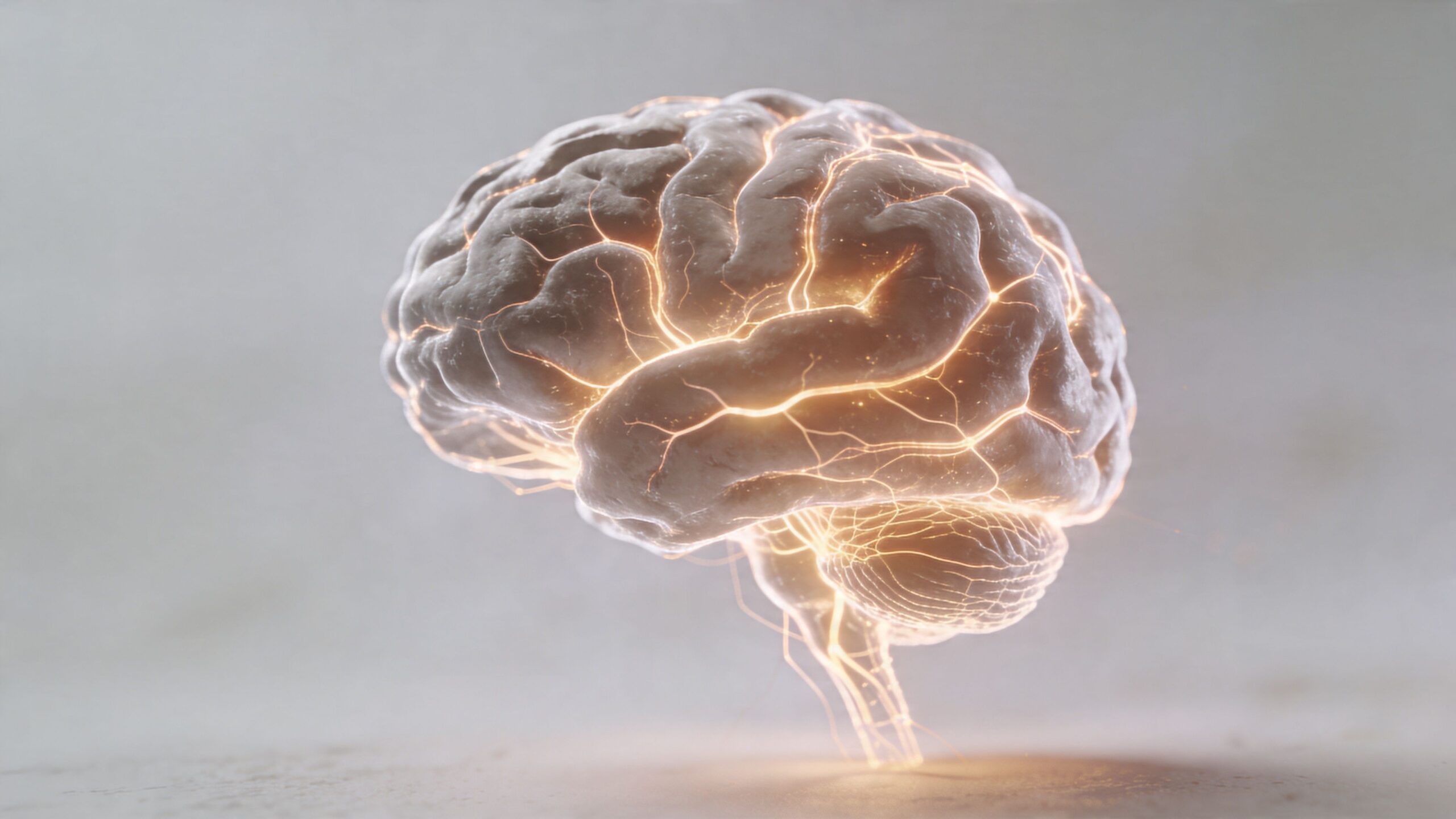 A glowing, luminous human brain floating against a neutral background representing cognition, intelligence, and neural activity.
