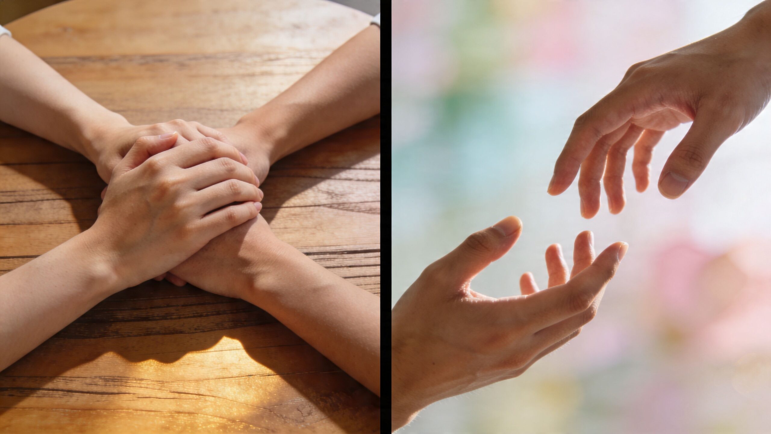 A split screen image showing hands joined together on a wooden table and reaching towards each other.