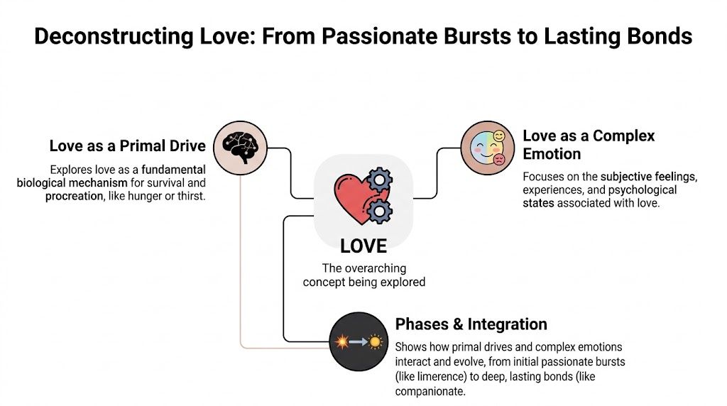 An infographic titled Deconstructing Love explaining love through primal drives, complex emotions, and phases of bonding.