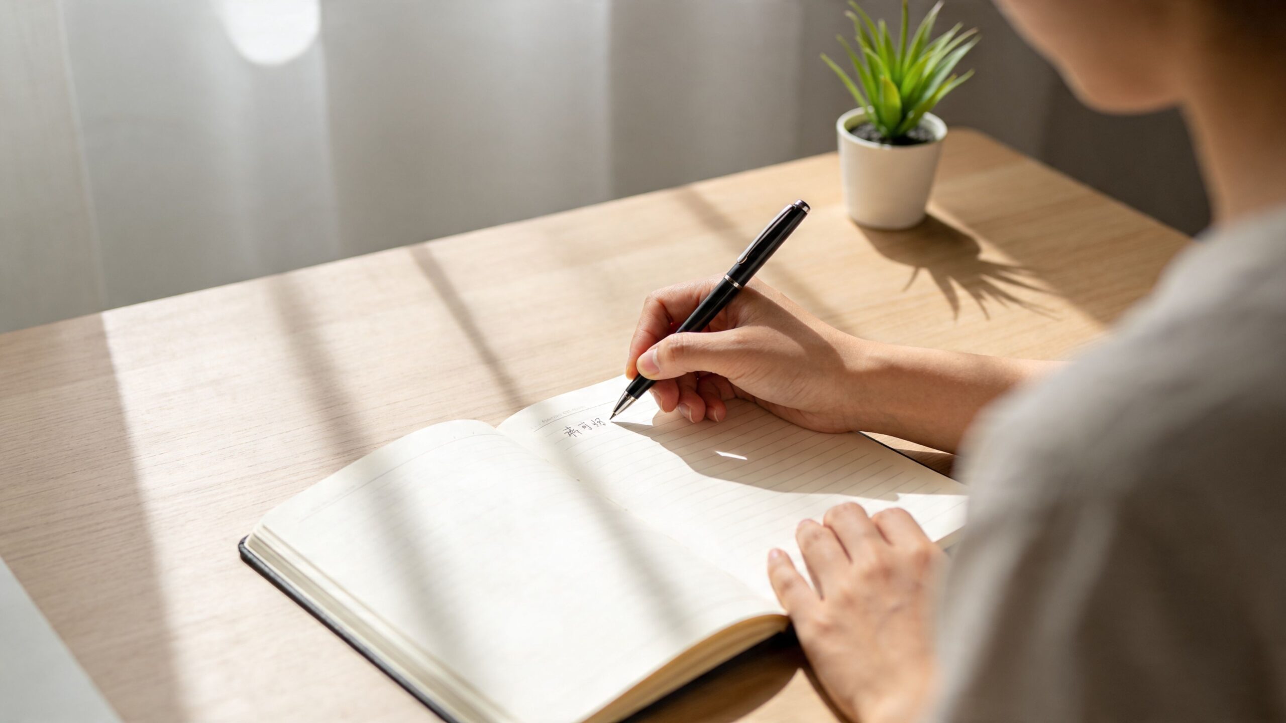 A person writing in a notebook at a desk with a small plant in bright sunlight.
