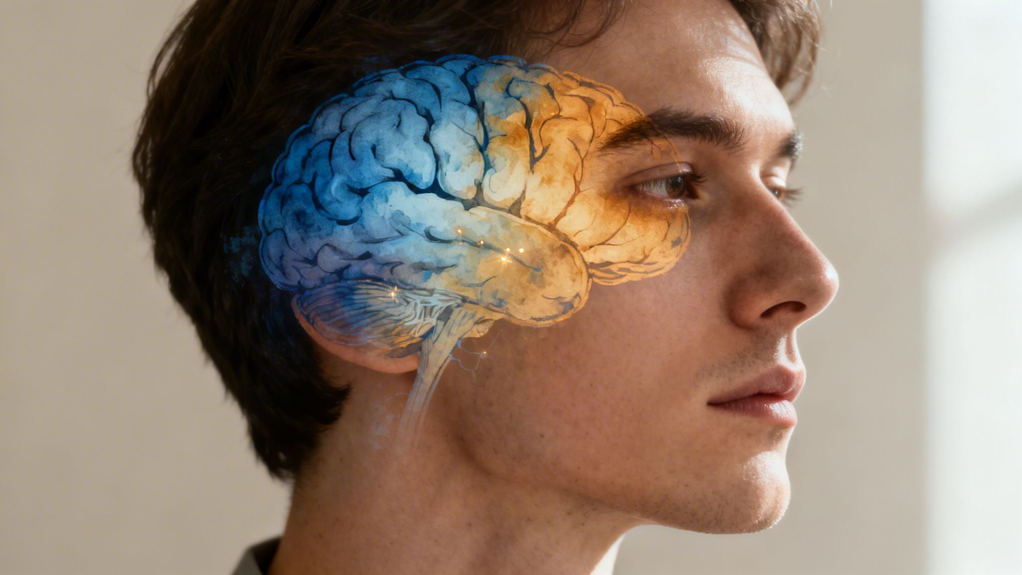 A man's profile with a transparent overlay of a brain, showing blue and orange halves and glowing neural connections.
