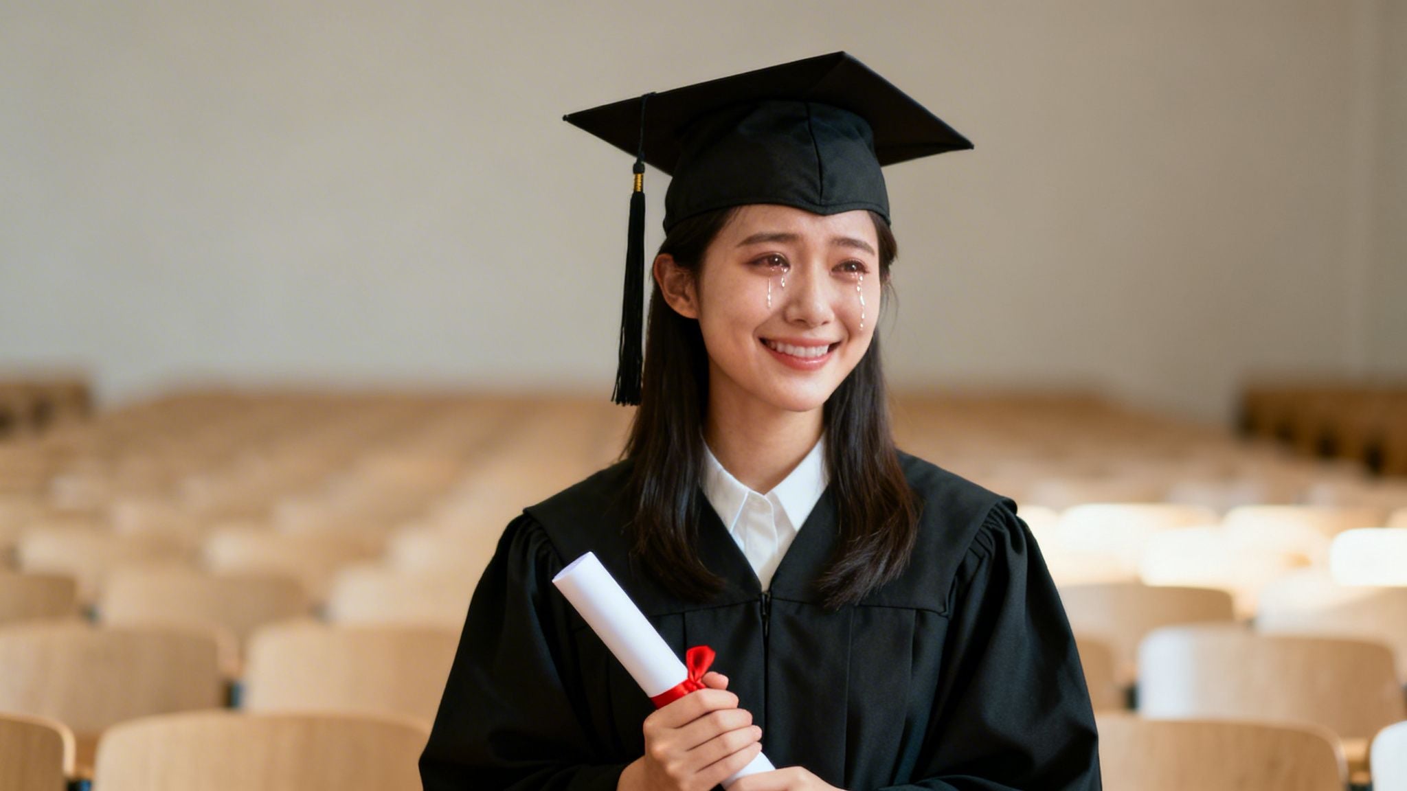 A joyful Asian graduate in a cap and gown, tears streaming, holding a diploma.
