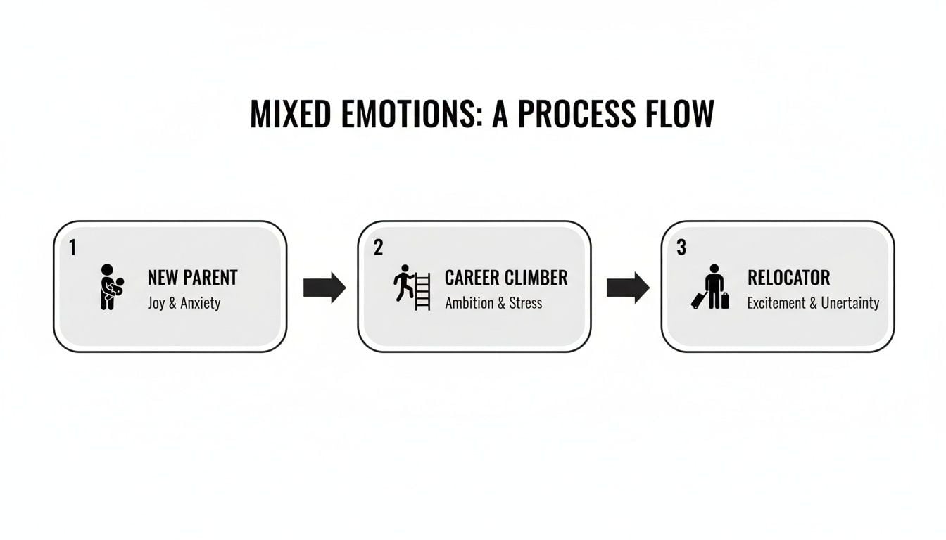 A process flow diagram illustrating mixed emotions in life stages: new parent, career climber, and relocator.