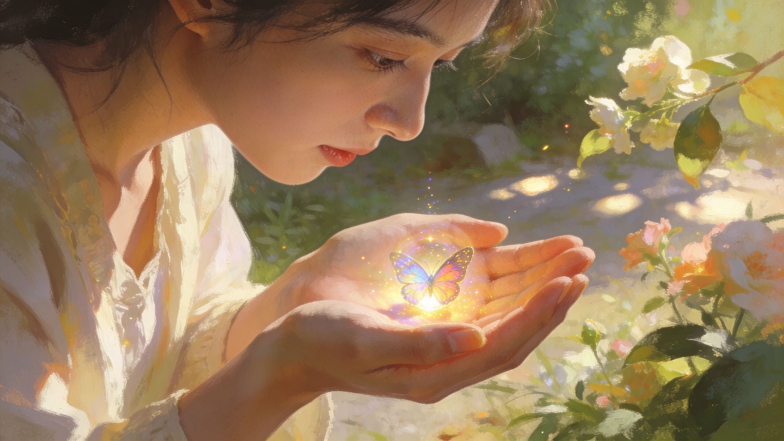 A gentle woman gazes with wonder at a glowing, magical butterfly resting between her cupped palms.