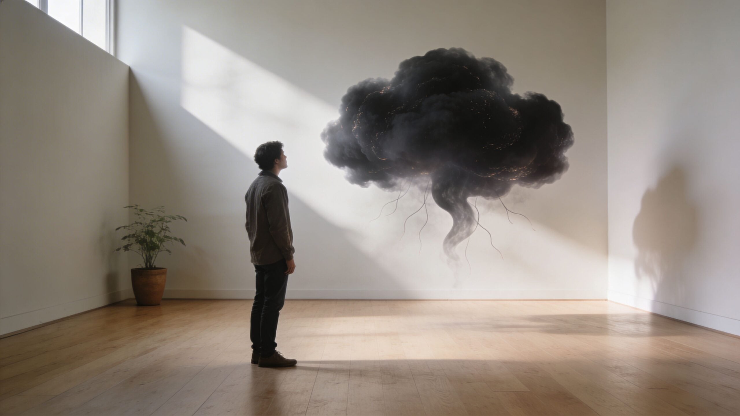 A man stands in a minimalist room, contemplating a dark, surreal storm cloud floating in the air.