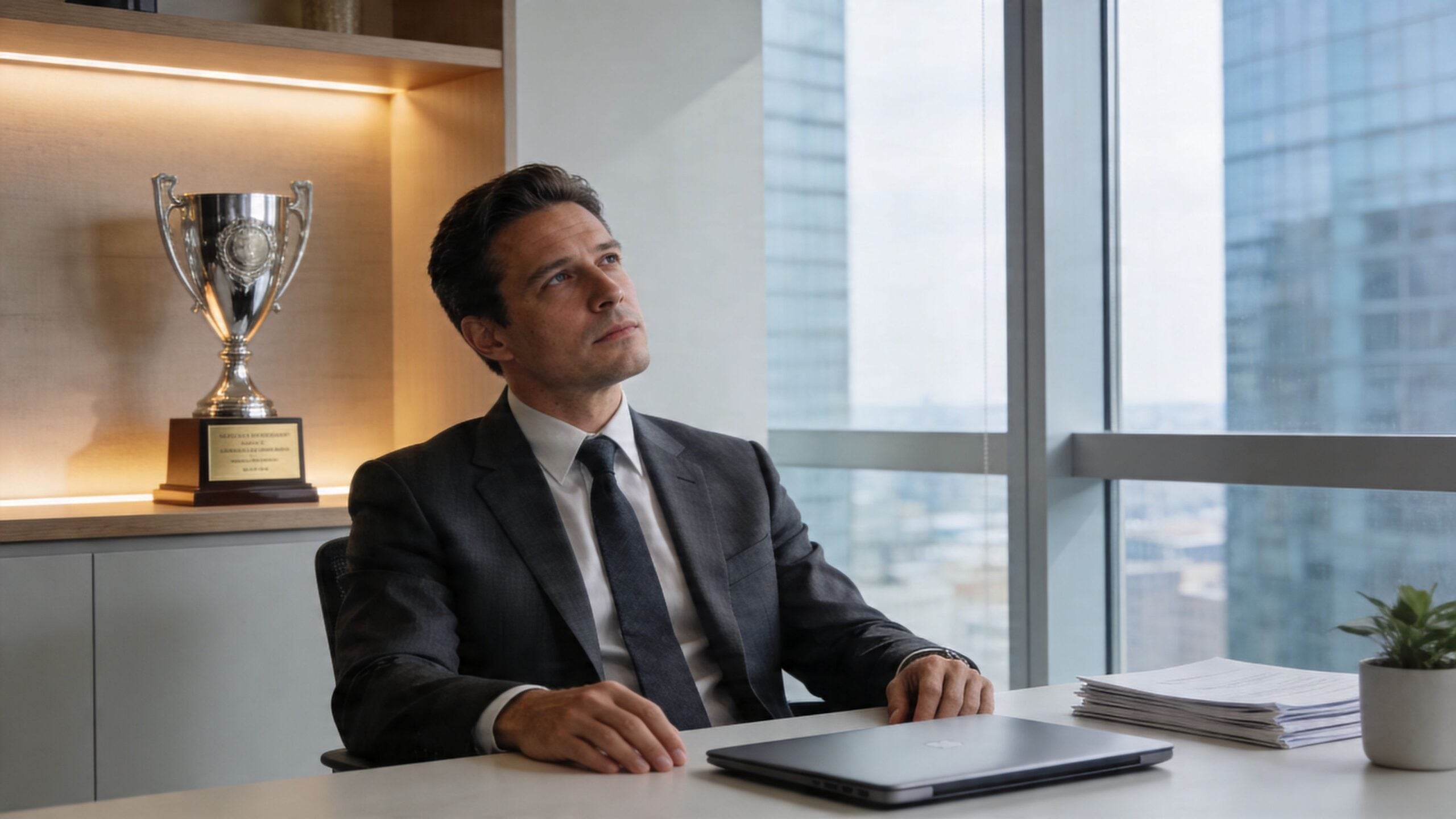 A pensive businessman in a suit sitting at his desk looking up in a modern office.