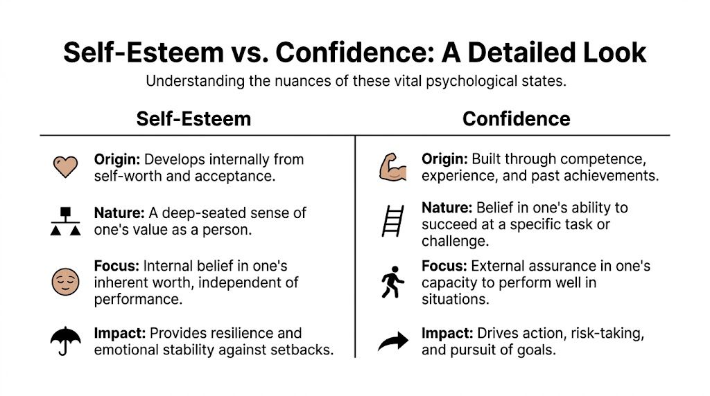 A comparison chart outlining the key differences between self-esteem and confidence with supporting icons for each category.