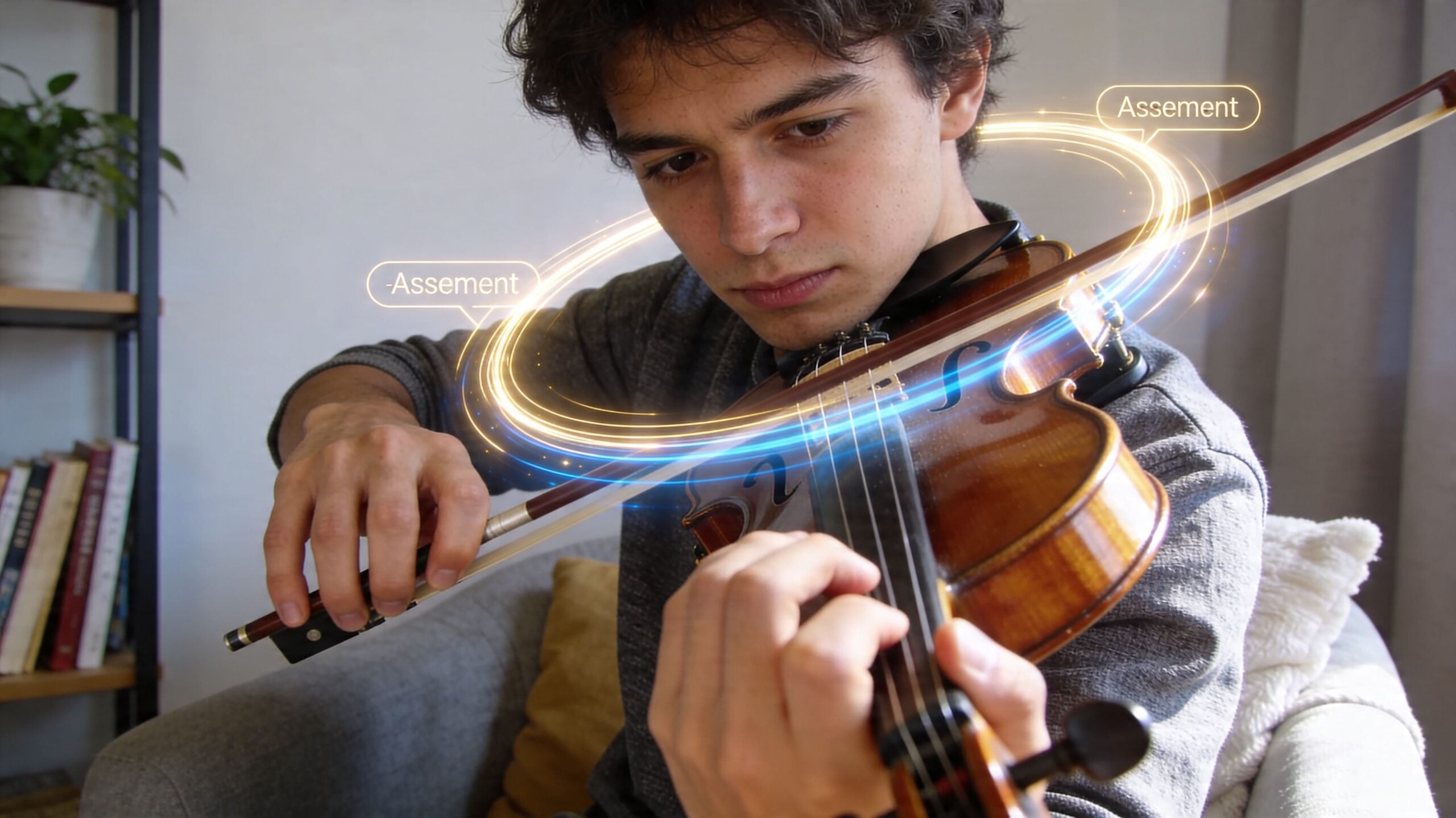 A focused young man playing the violin with digital glowing rings representing self-esteem and assessment concepts.