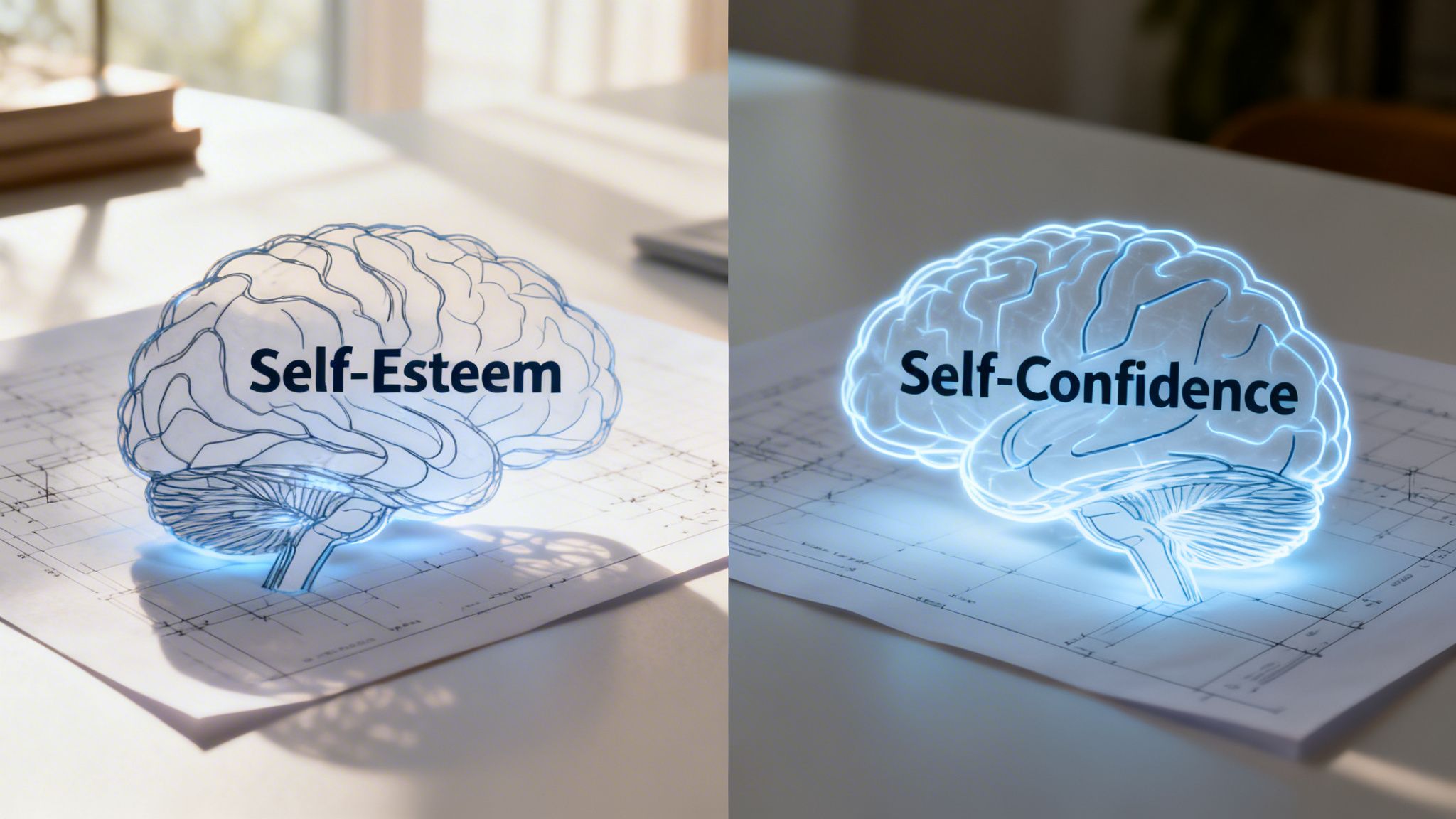 A split screen comparing self-esteem and self-confidence represented by glowing digital brain holographic models on paper.