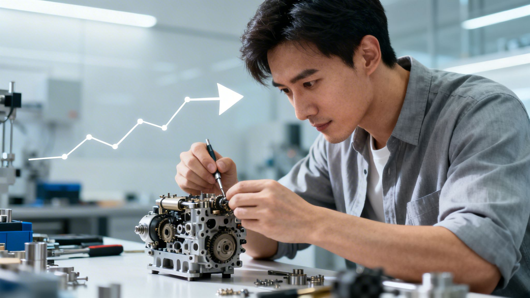 An engineer working on mechanical parts with a rising growth chart graphic overlay in a workshop.