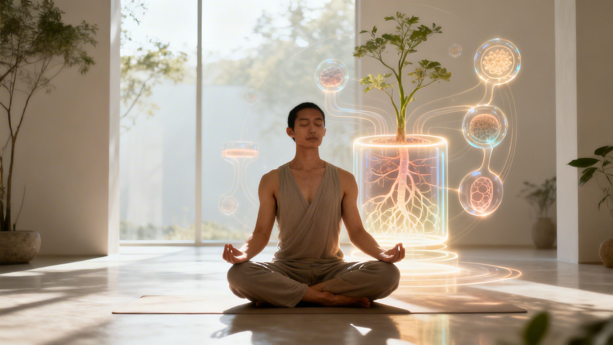 A person meditating in a peaceful room surrounded by holographic biological visualizations and a glowing plant.