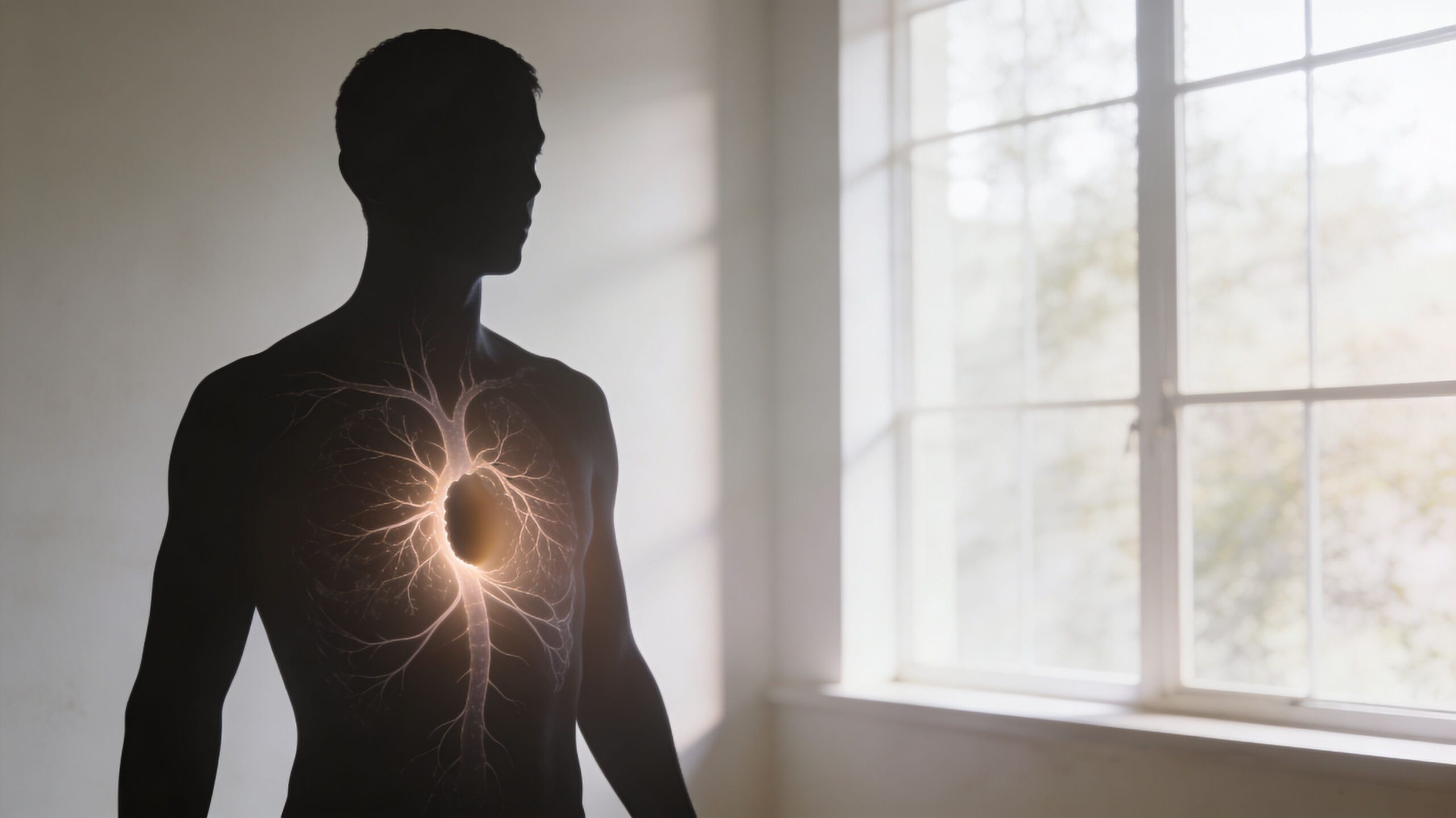 A conceptual silhouette of a person with a glowing nervous system and an empty heart space.