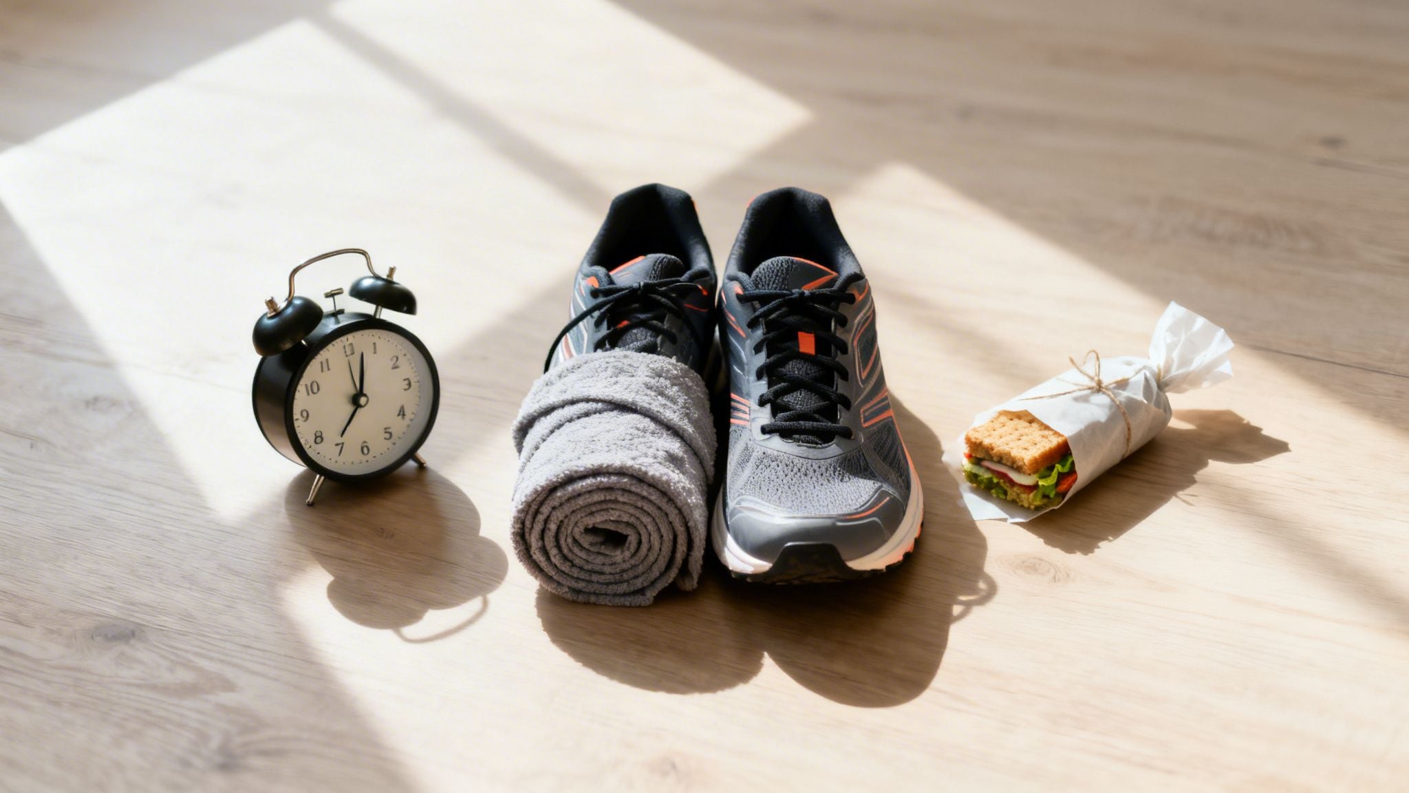 Black alarm clock, rolled towel, grey running shoes, and healthy sandwich on a sunlit wooden floor.