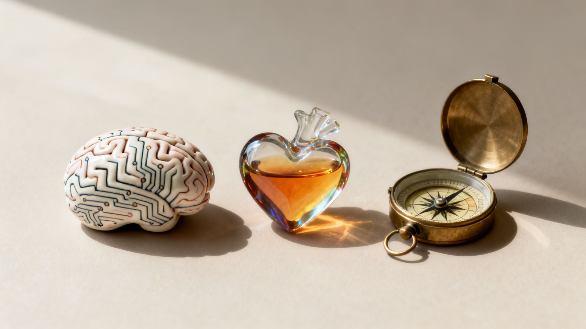 A brain model, a glass heart, and an open compass symbolizing mind, emotion, and direction.
