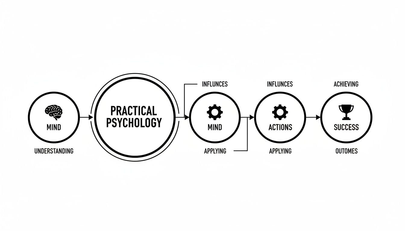A flowchart showing the process from understanding the mind through practical psychology to achieving success.