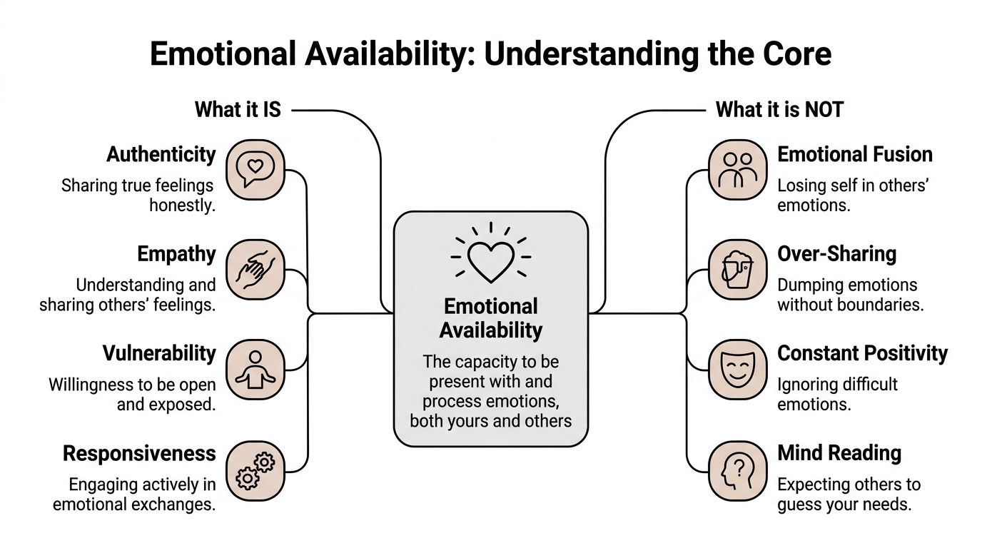 A diagram explaining emotional availability, listing its core qualities versus common misconceptions about the concept.
