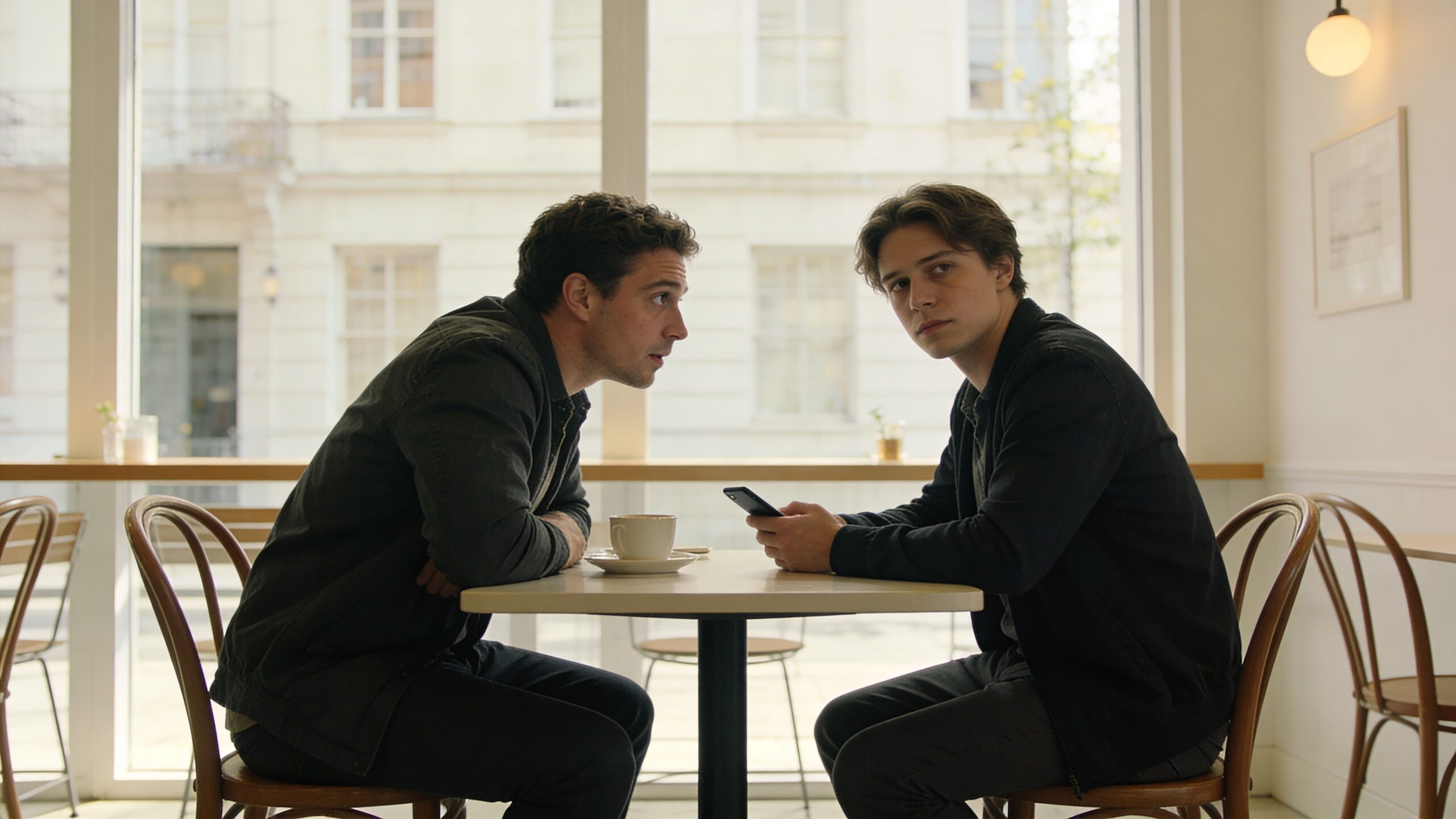Two young men sitting at a table in a cafe, having a serious and intense conversation together.