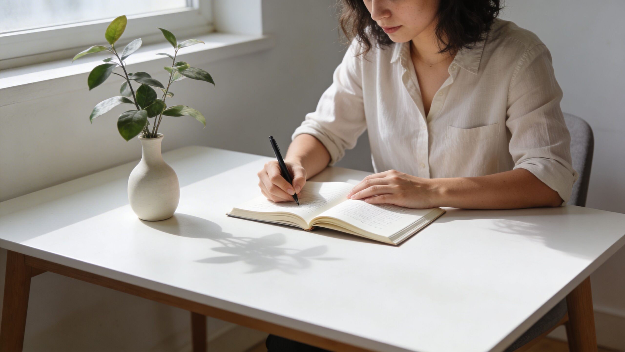 A young woman sits at a bright white desk, thoughtfully writing in a notebook near a small plant.