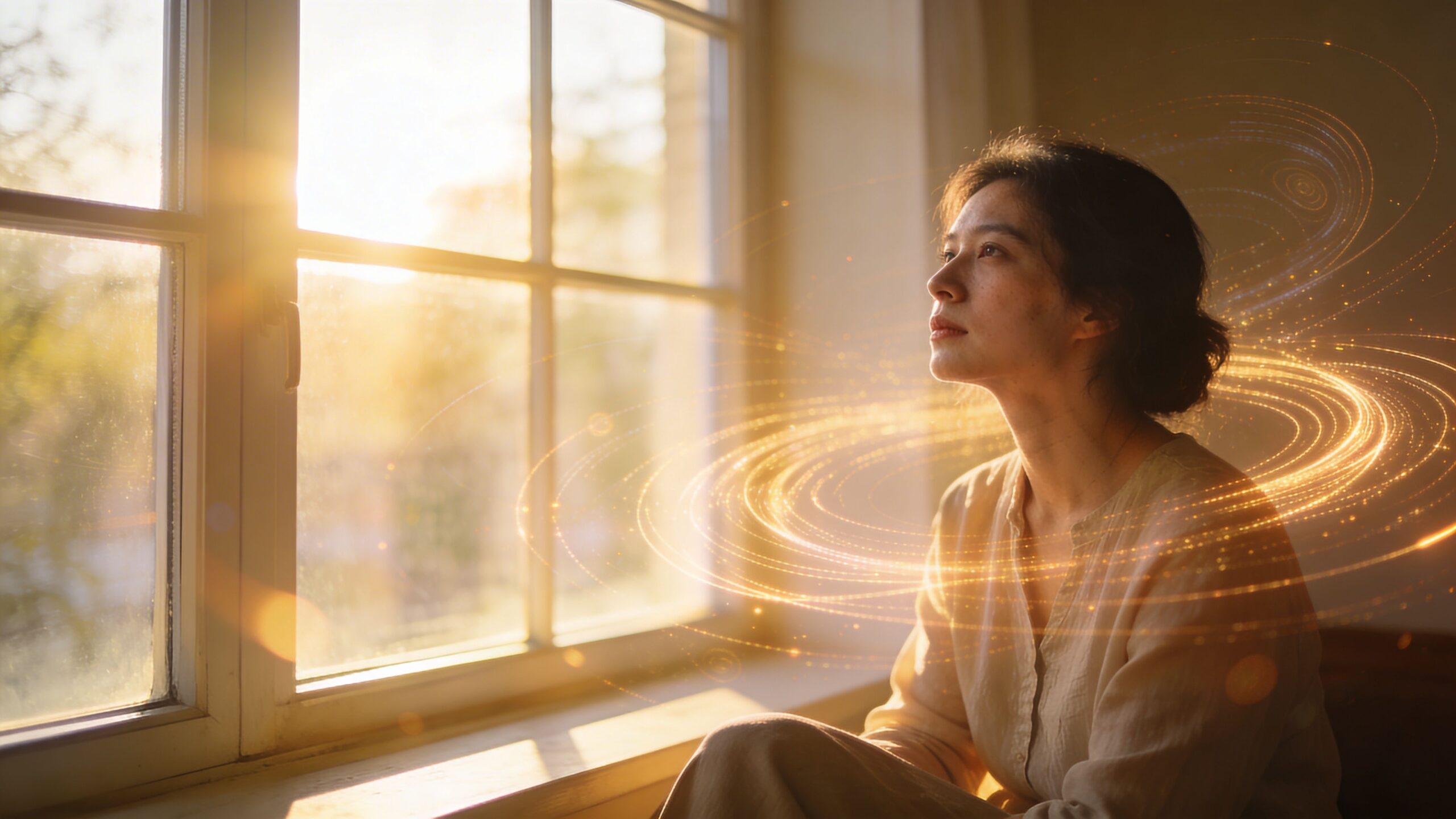 A contemplative woman sitting by a bright window surrounded by glowing, swirling golden light patterns.