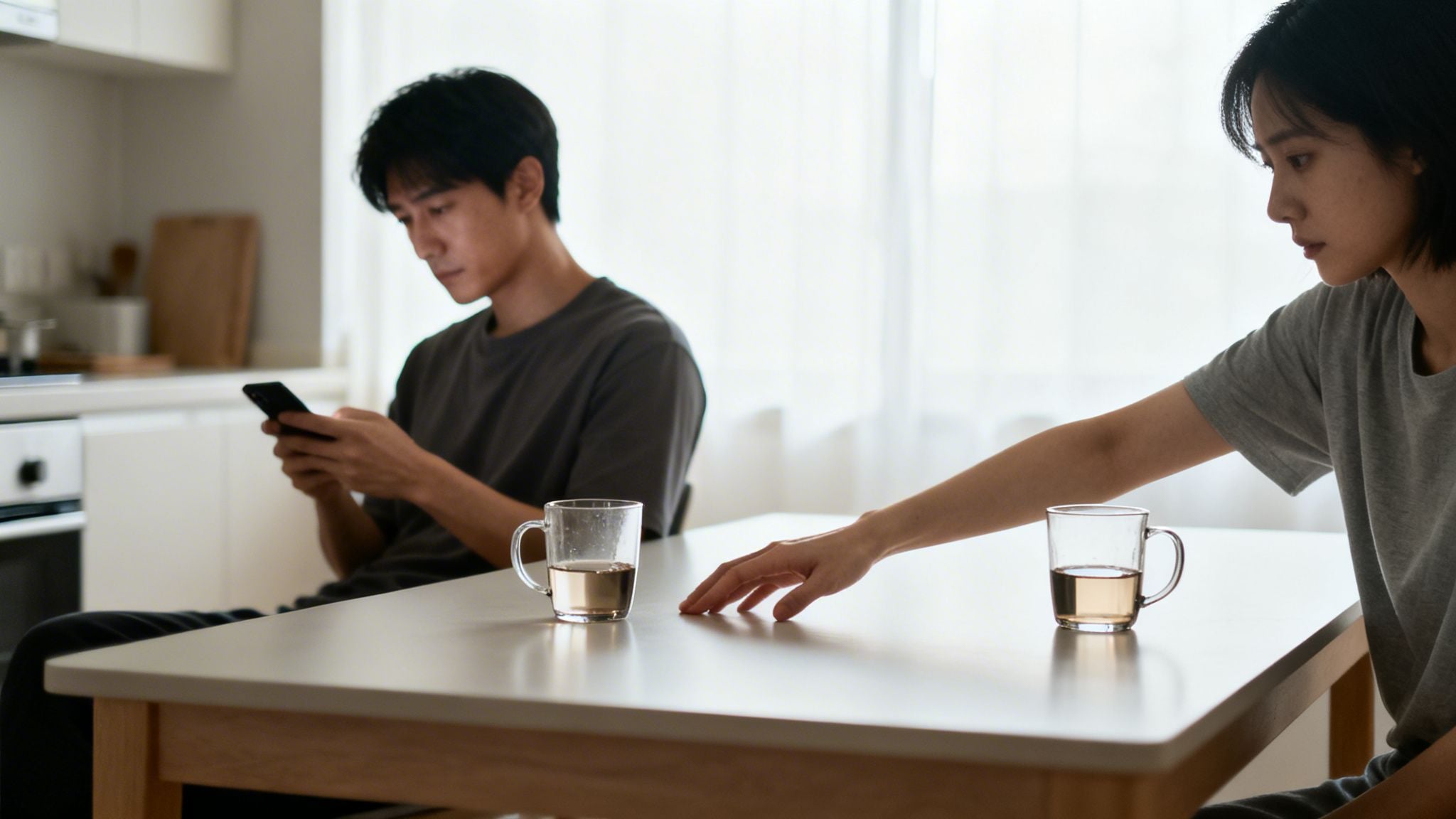A man focused on his phone, a woman reaching out, showing emotional unavailability at a table.