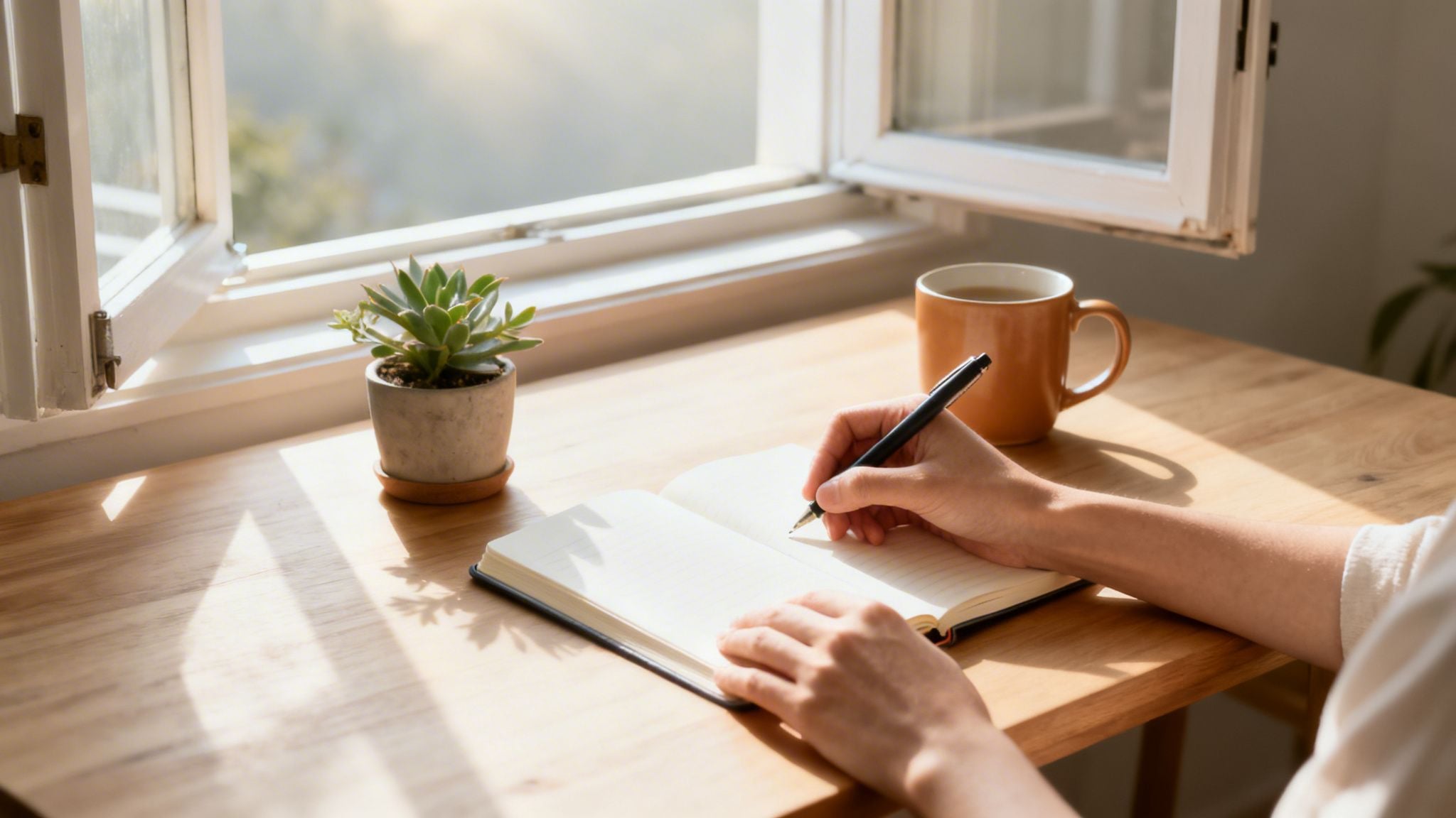 A person writes in a notebook on a sunny wooden desk by a window, with a plant and a mug.