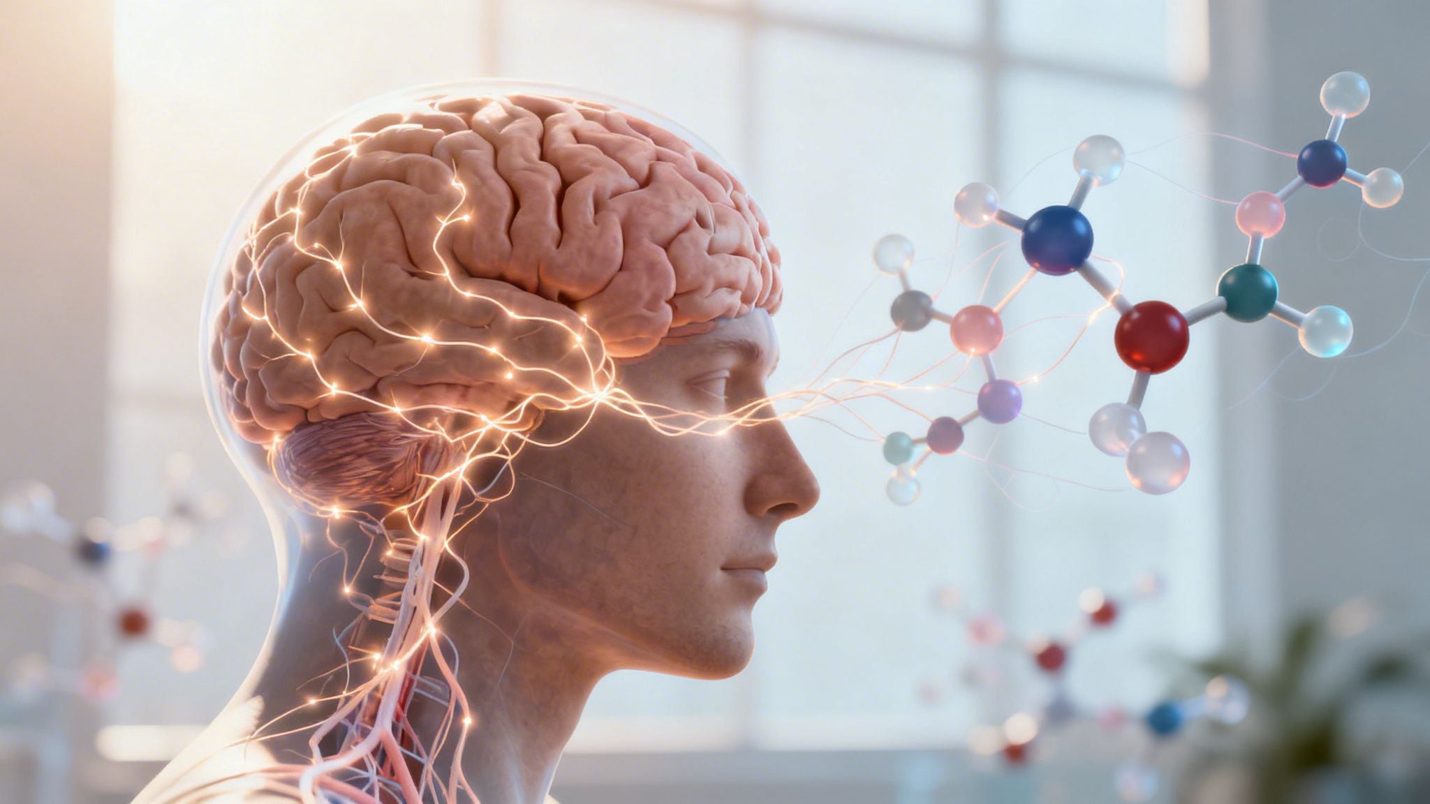 A 3D render of a human head and brain connected to molecular structures representing emotional brain chemistry.