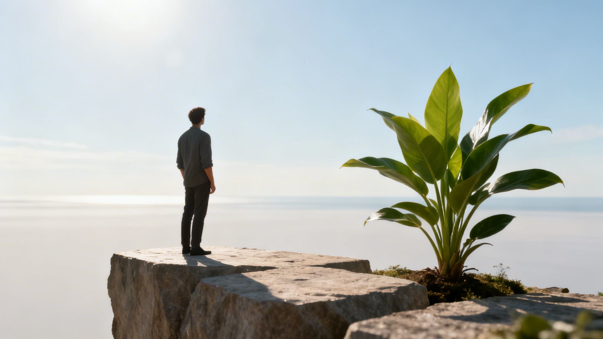 A person standing on a rocky cliff overlooking a vast sea of clouds at sunrise.