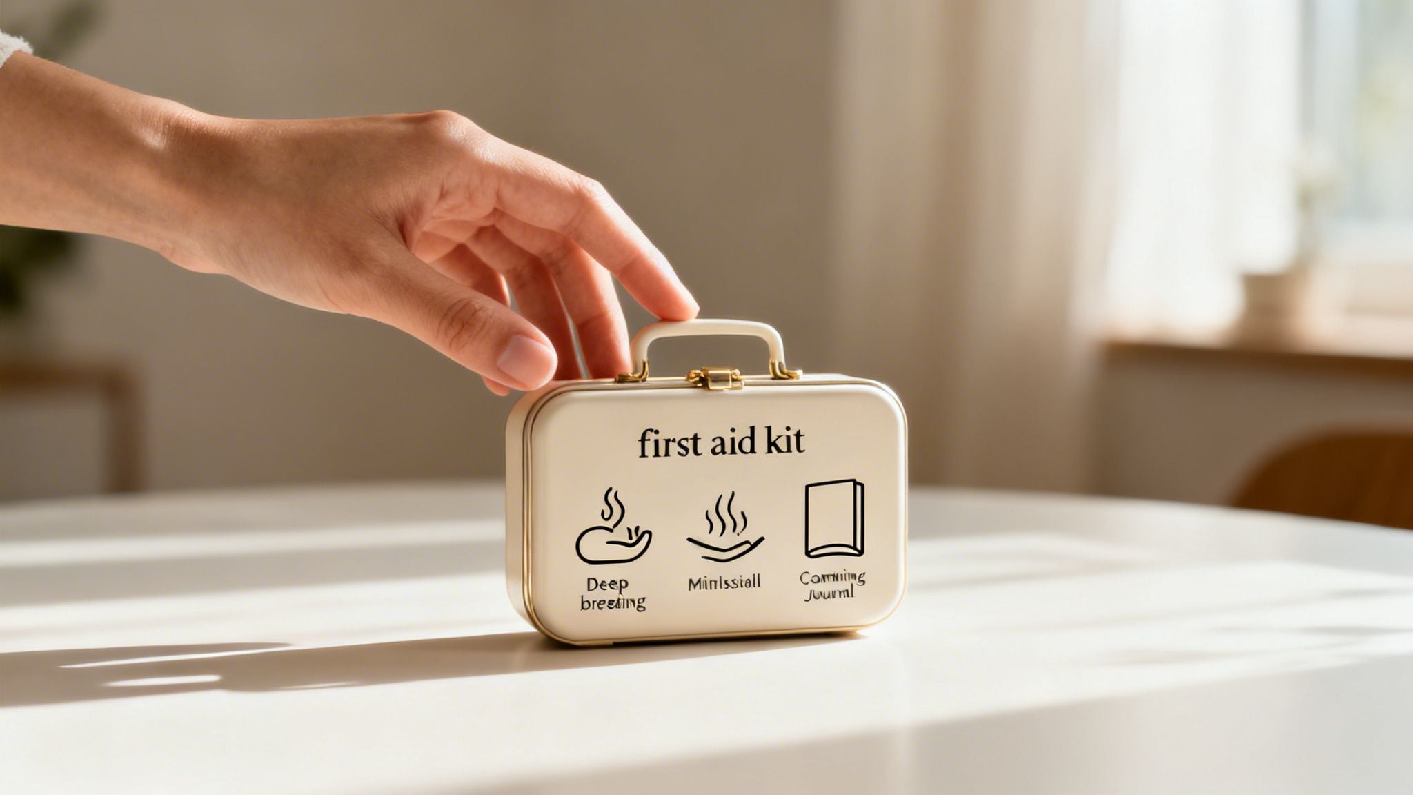 A hand touches a small mental health first aid kit box labeled with mindfulness and wellness activities.