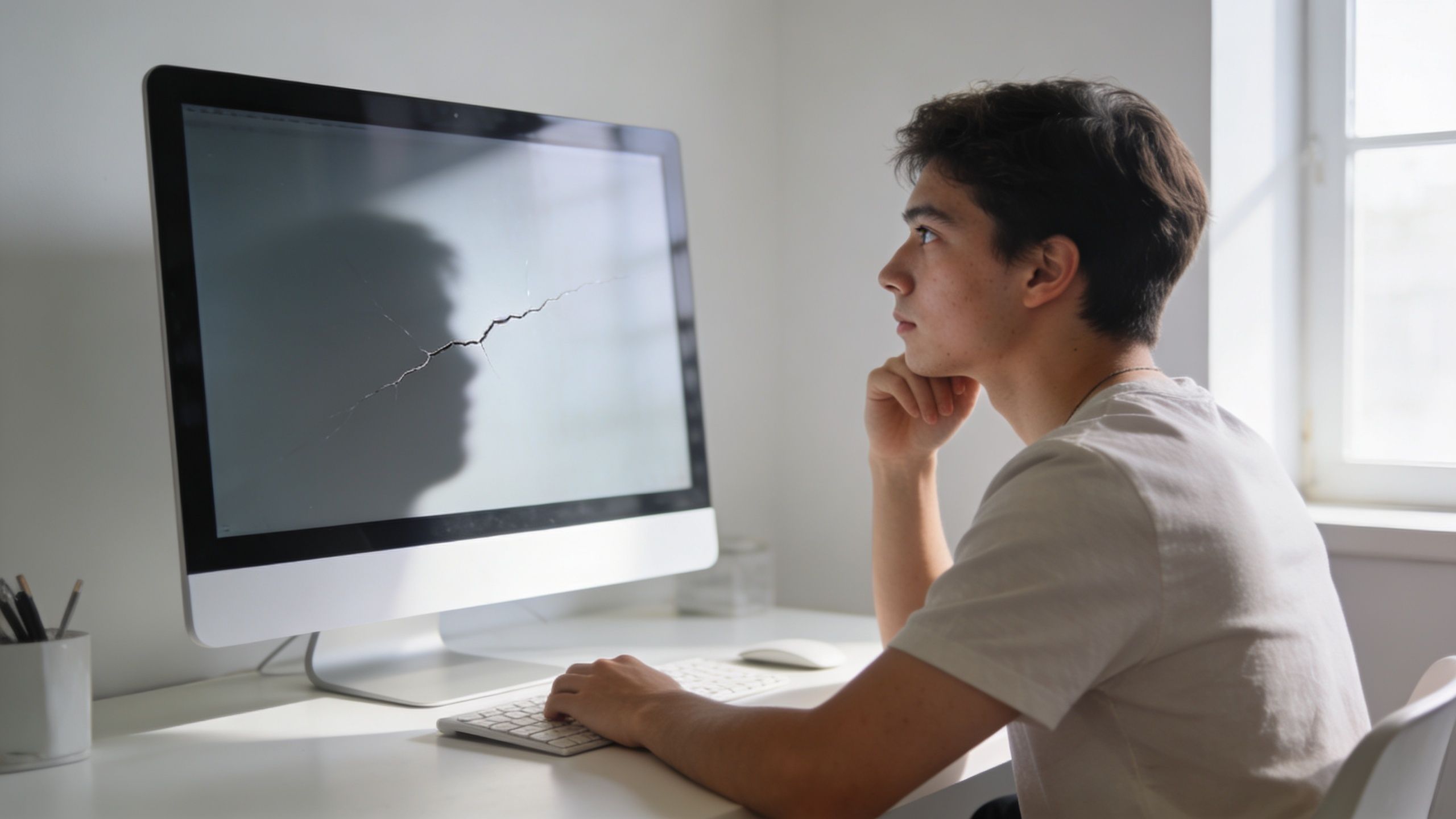 A young man sits thoughtfully at his computer, looking at a screen displaying a large, jagged crack.