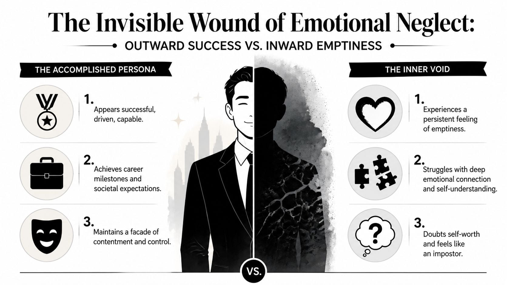 A split-screen infographic contrasting outward career success with an inner feeling of emotional emptiness and neglect.