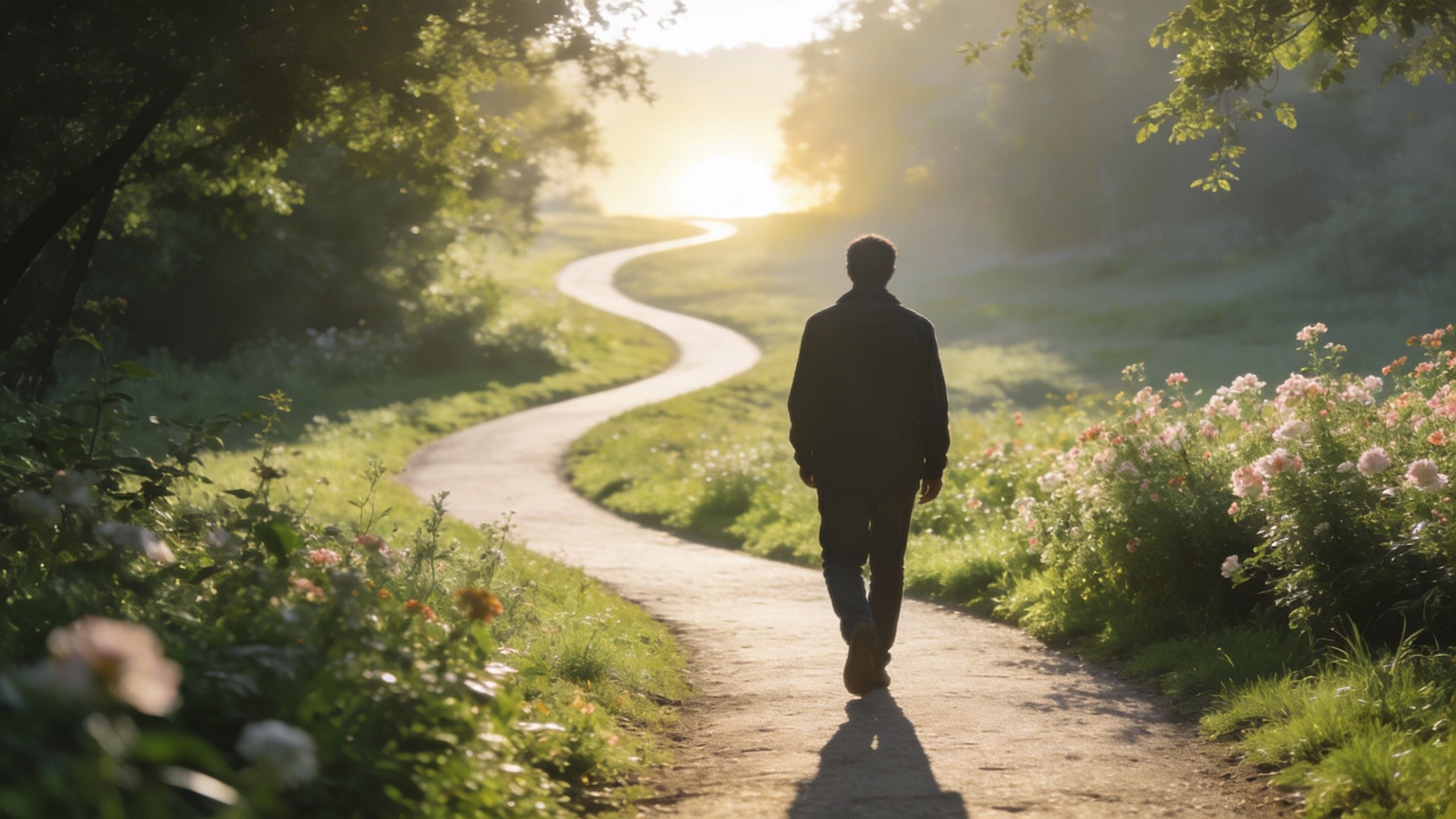 A silhouette of a man walking alone on a winding path toward a bright, sunlit horizon.