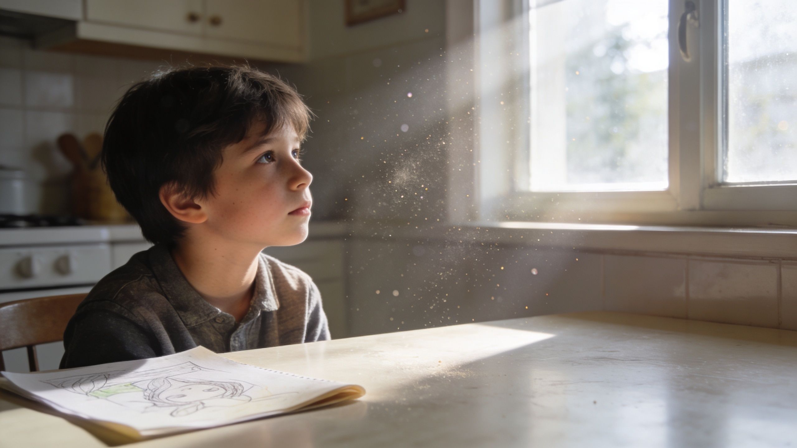 A young child looking thoughtfully at dust motes dancing in a sunbeam streaming through a kitchen window.