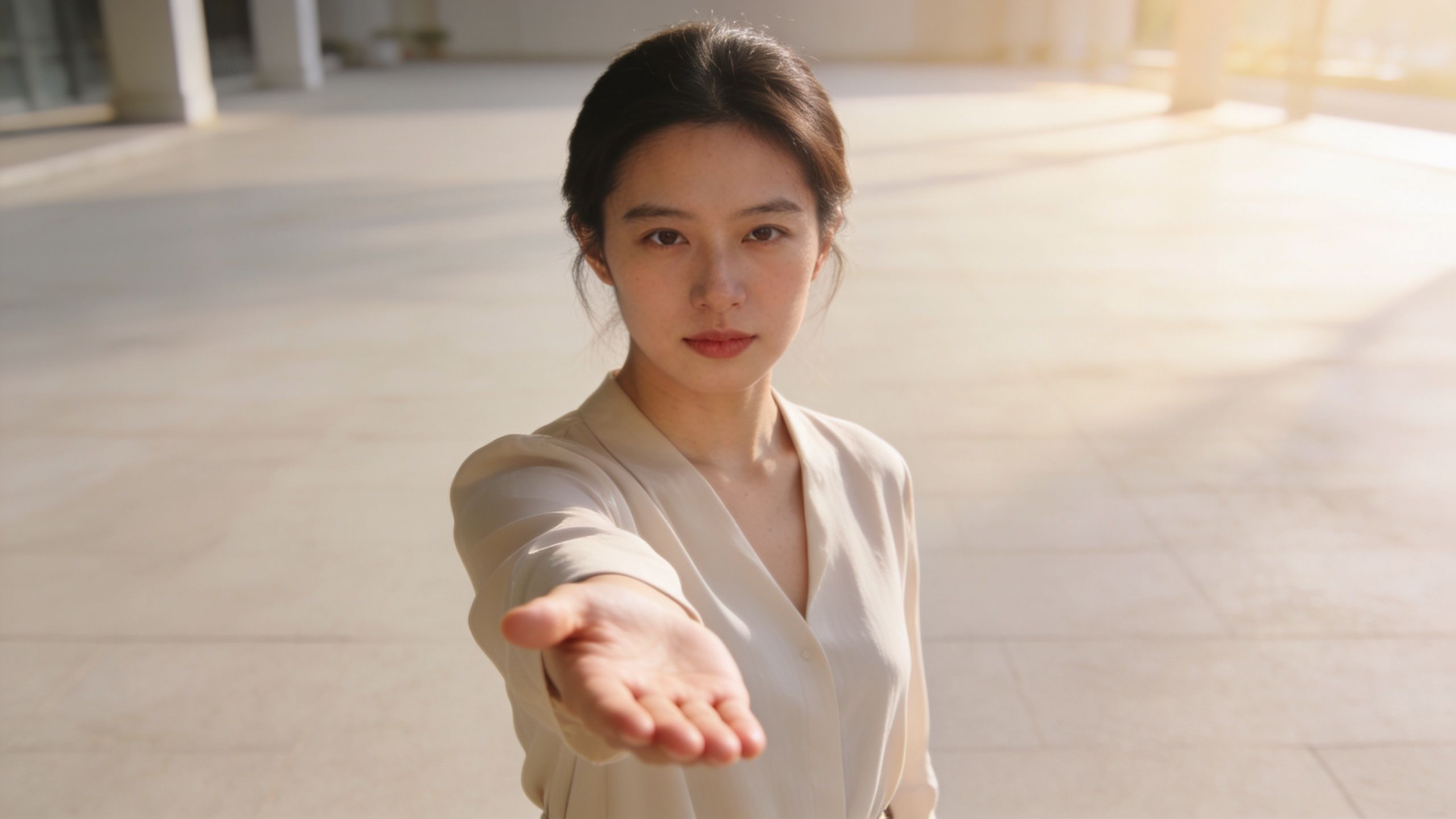 A professional woman in a light shirt extending her hand, offering help and support in an open space.