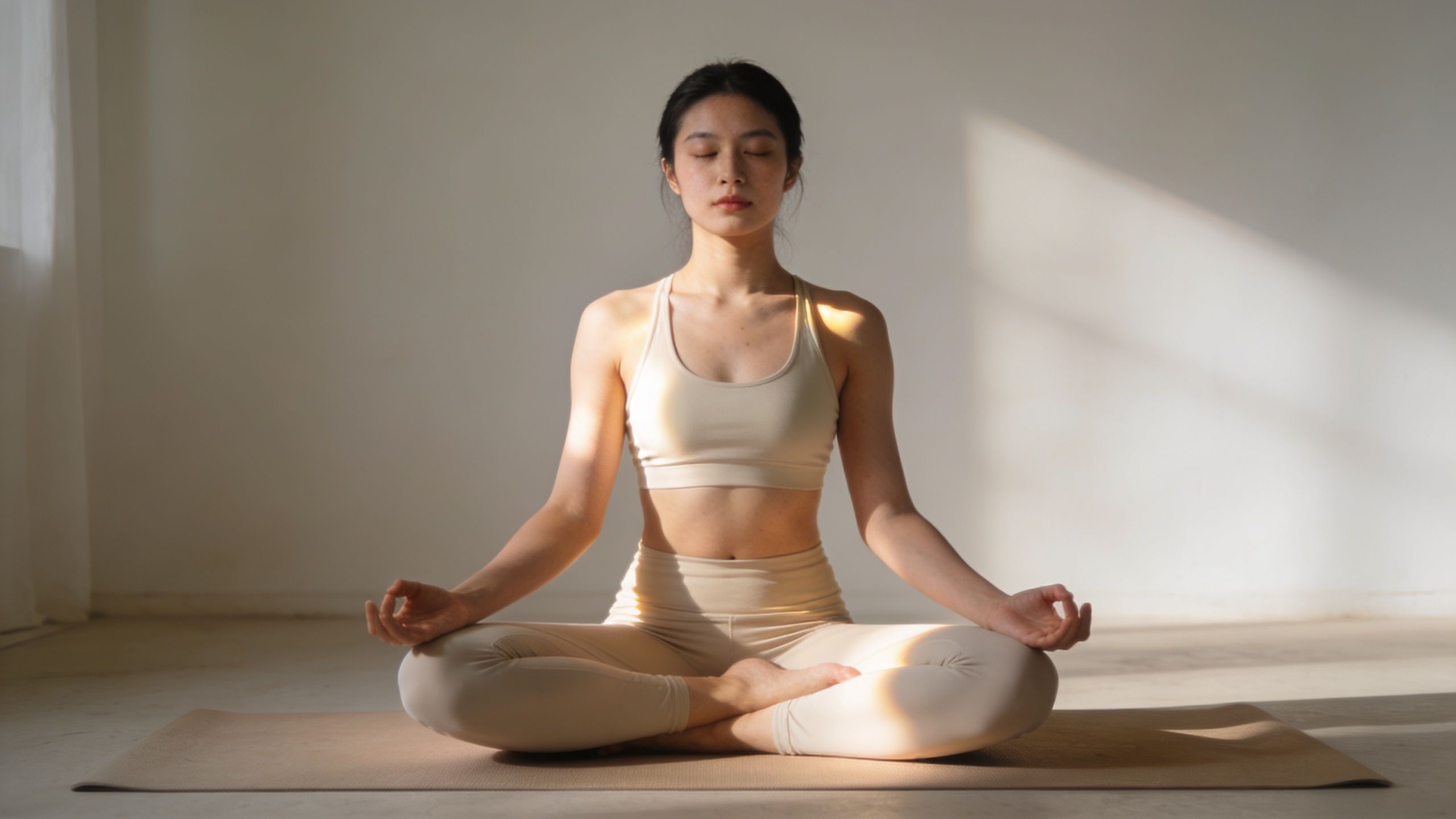 A serene woman practicing yoga in a lotus position, highlighting mental clarity and mindfulness during meditation.