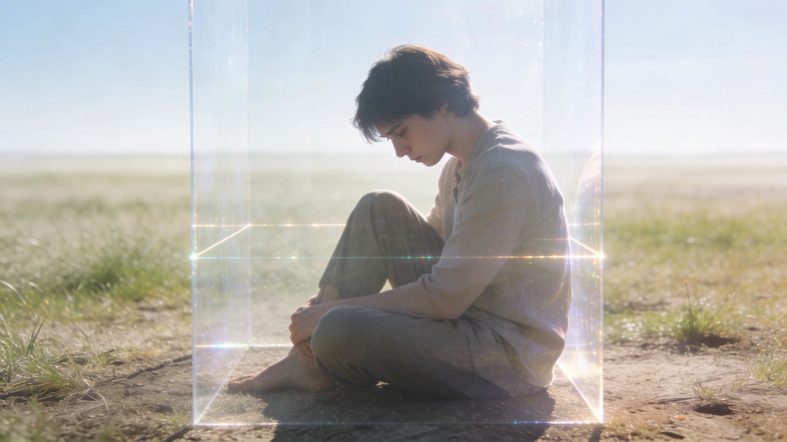 A lonely young man sits inside a transparent glass cube in the middle of a vast field.