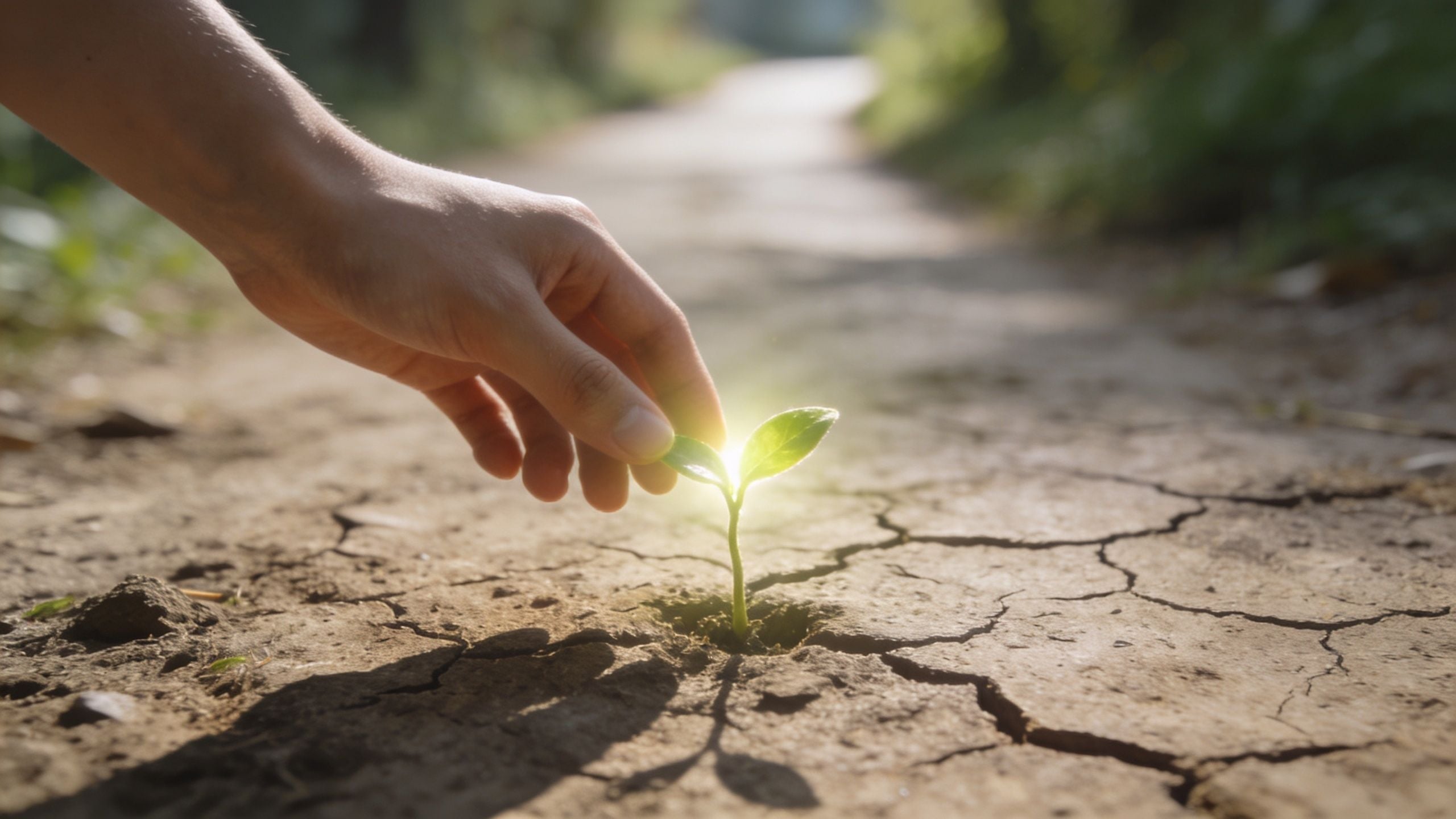 A hand gently touching a small green sprout growing from cracked and dry parched earth