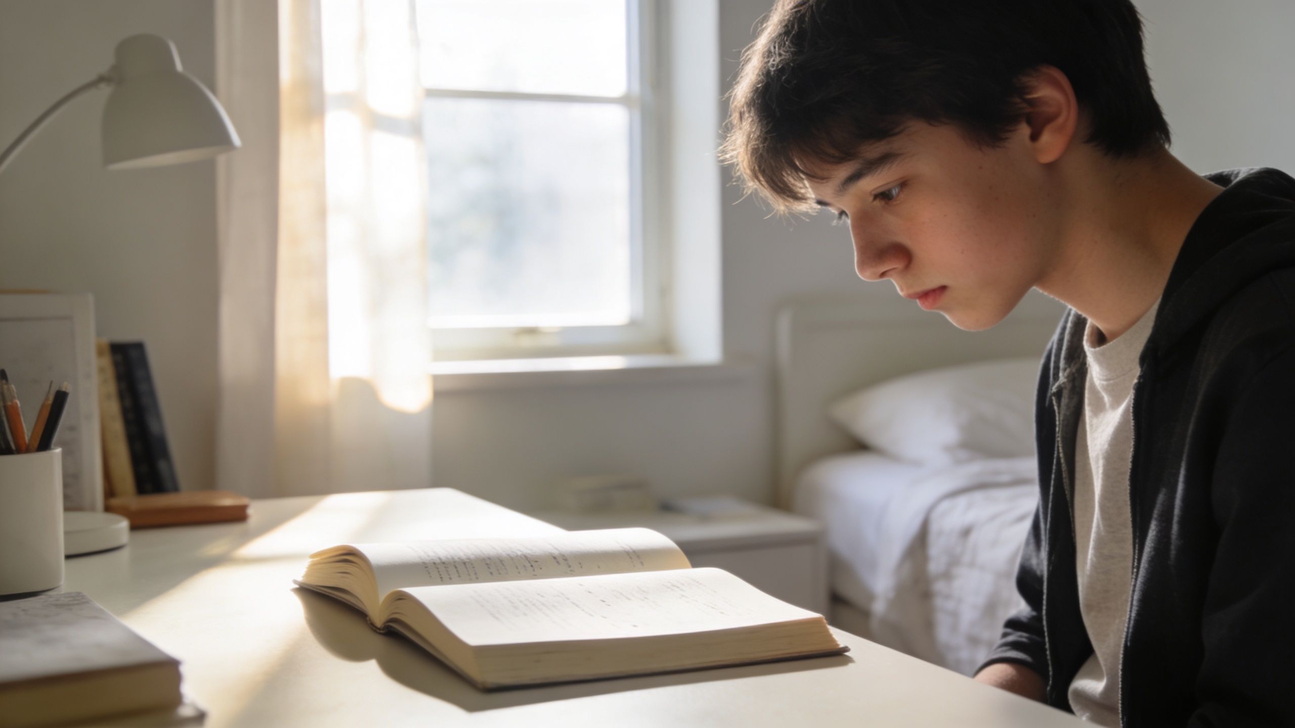 A teenage boy looking down and studying intensely from an open book at a bright desk.